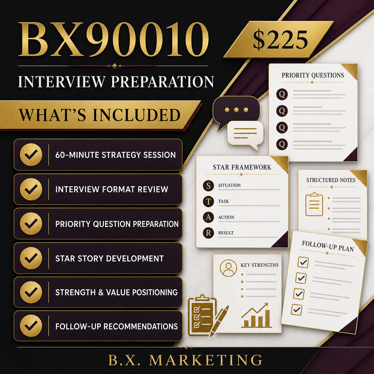 B.X. Marketing Interview Preparation service graphic for 60-minute strategy + answer development session, with pricing of $225.