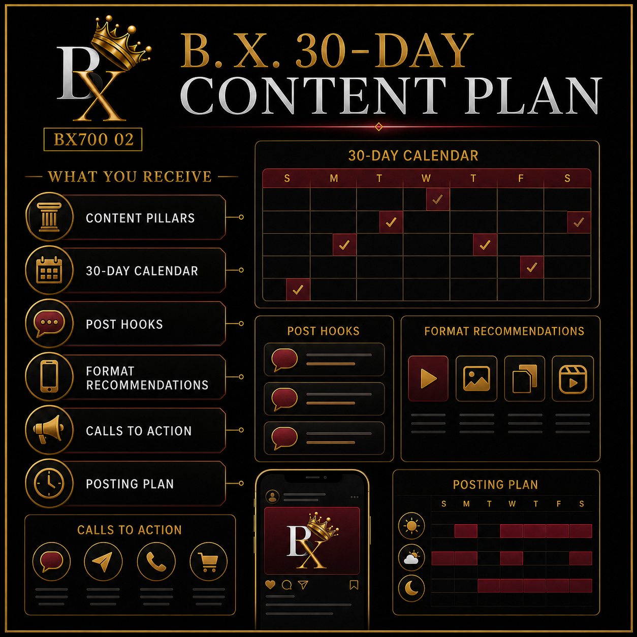 B.X. Marketing 30-Day Content Plan service graphic featuring content pillars, hooks, formats, calls to action, and a 30-day posting plan with pricing of $750–$1,500.
