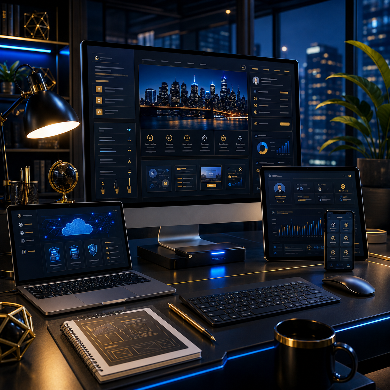 Digital business workspace with website interfaces, connected devices, dashboards, online systems, and business technology tools.