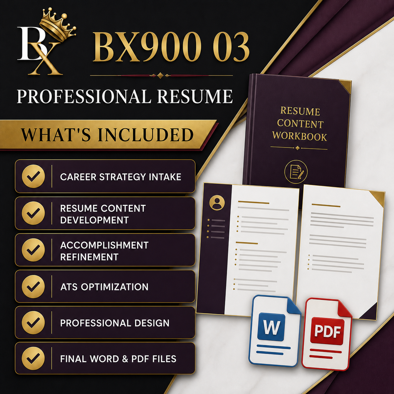 B.X. Marketing Professional Resume service graphic for strategy, content, ATS optimization + design, with pricing of $500–$750.
