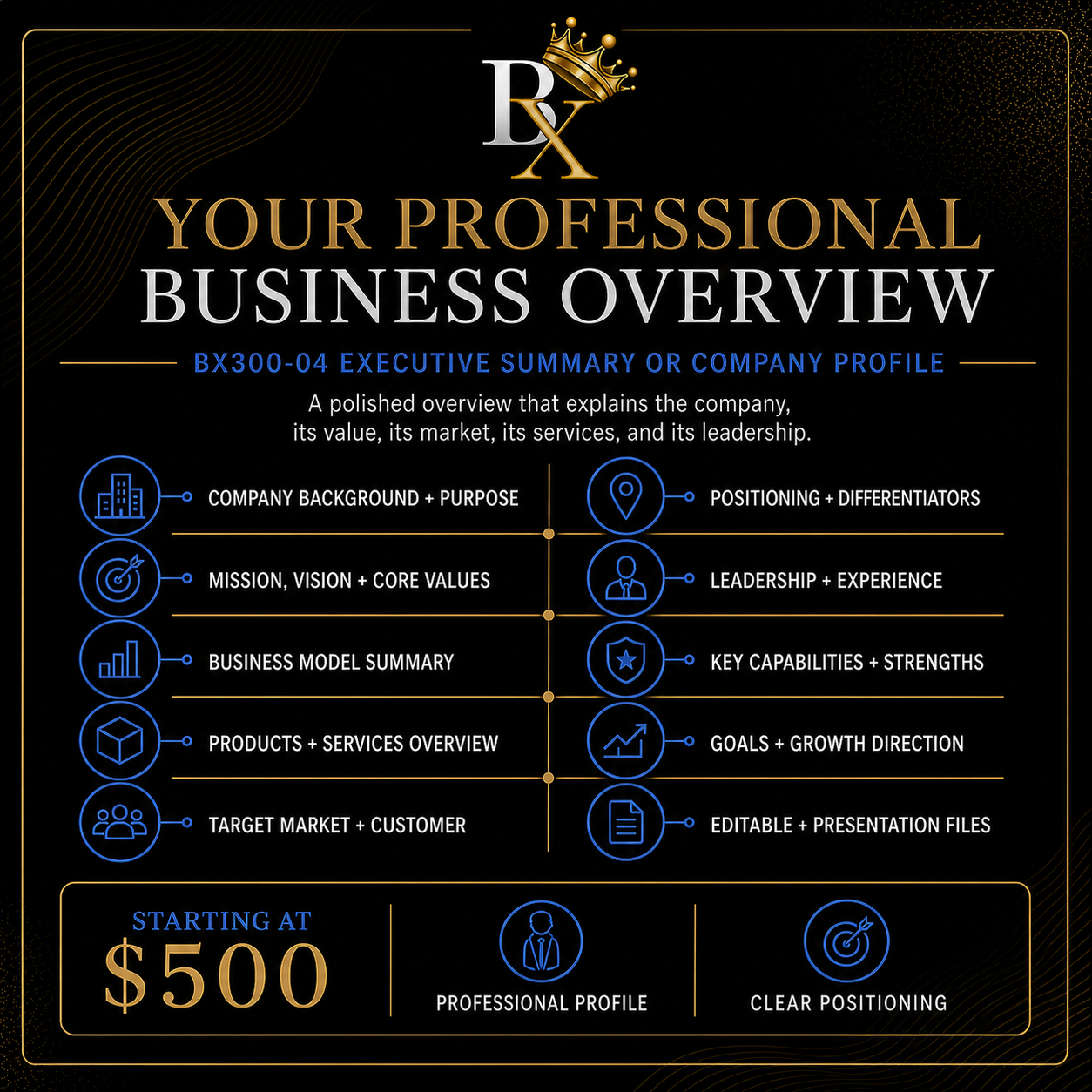 B.X. Marketing Executive Summary or Company Profile service featuring a professional business overview, positioning, services, market, and leadership profile.
