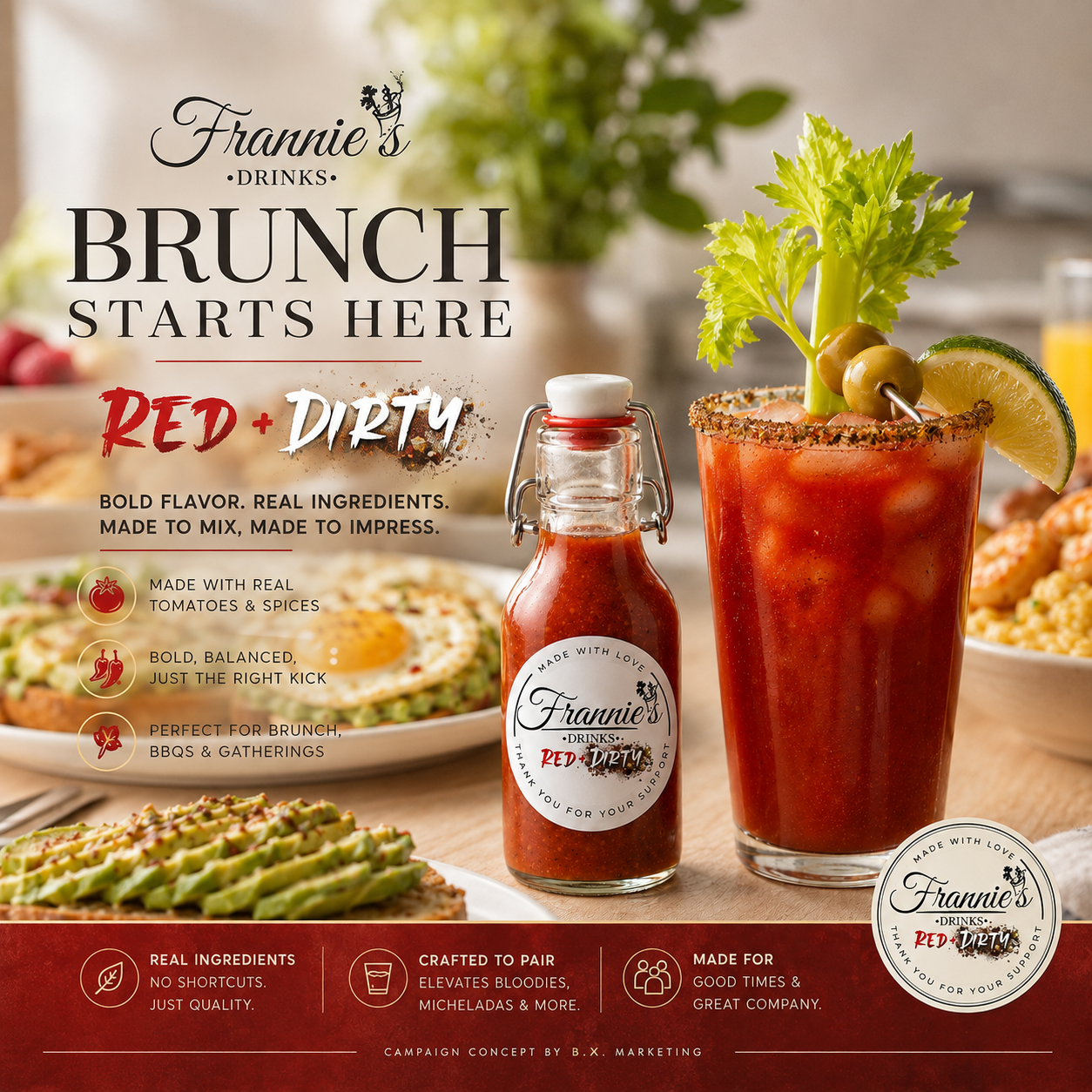Brunch promotional graphic for Frannie’s Drinks Red & Dirty mix featuring the bottled product, Bloody Mary cocktail, brunch food, and retail-ready brand presentation.