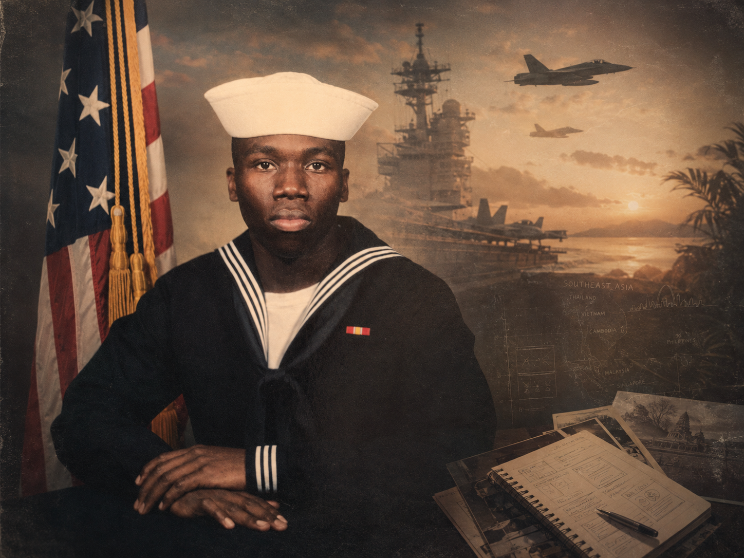 B.X. Marketing founder Brian Scott in U.S. Navy uniform with aircraft carrier and fighter jet imagery representing his military aviation background.