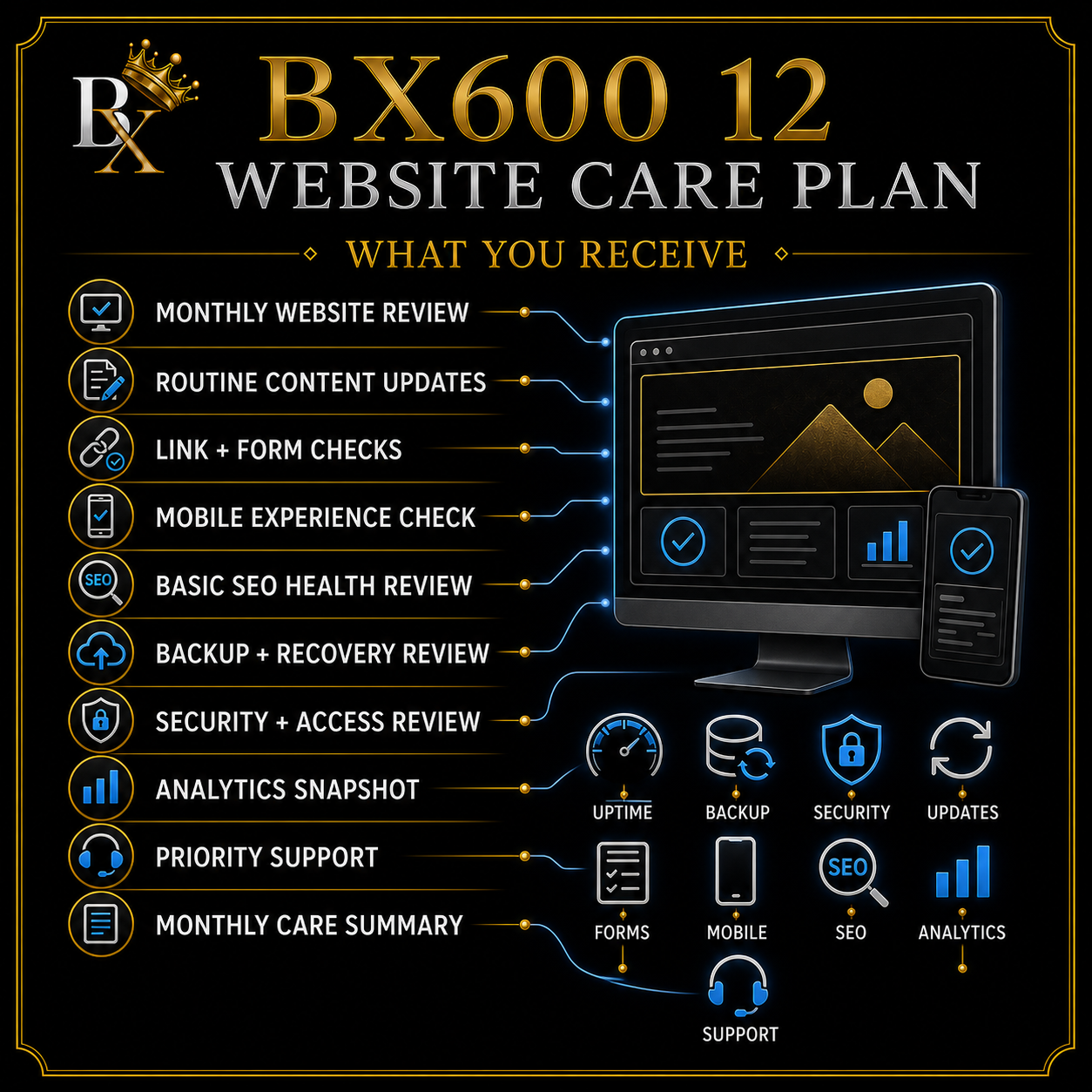 B.X. Marketing Website Care Plan service graphic featuring Brian Scott and ongoing website updates, backups, reviews, analytics, and support, starting at $250 per month.
