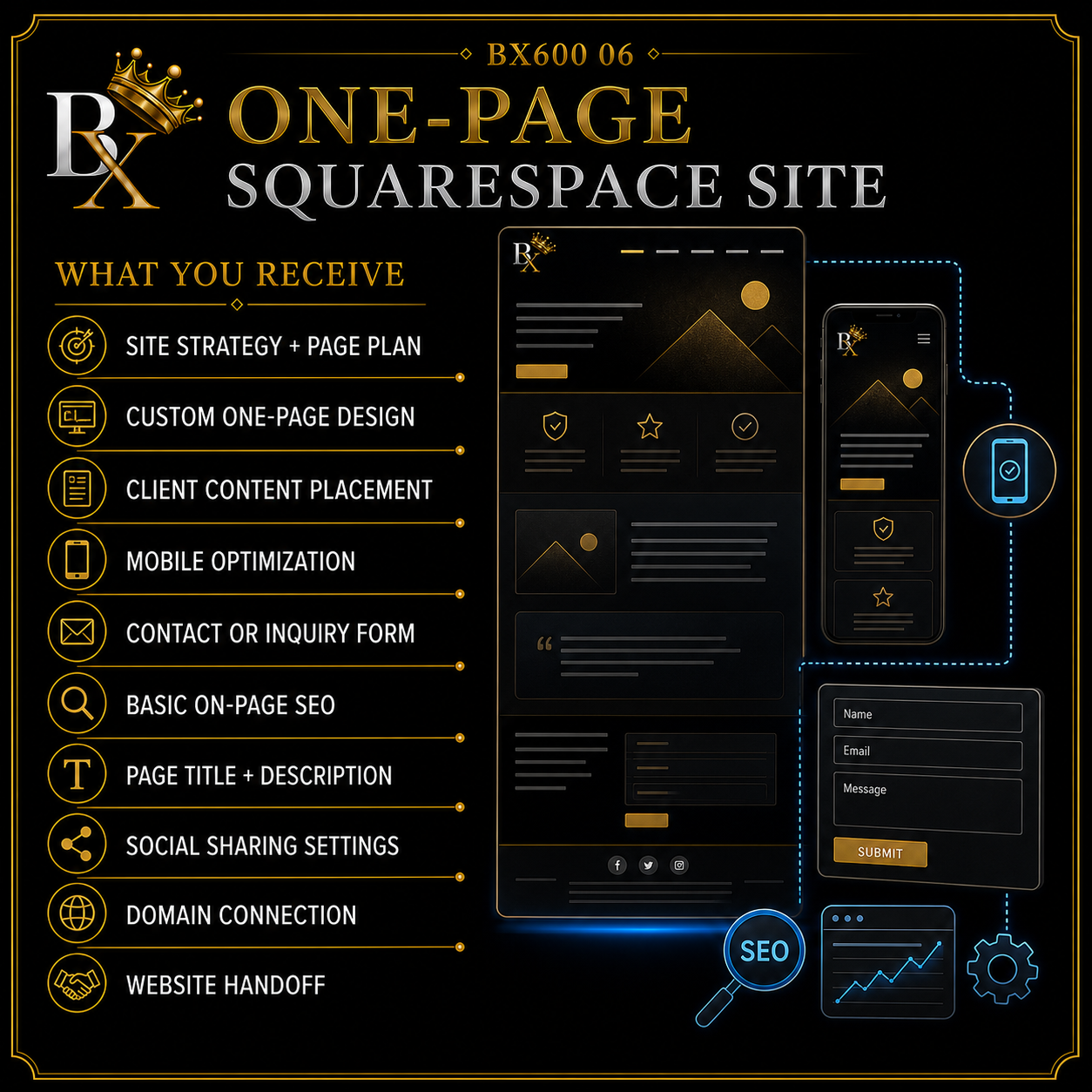 B.X. Marketing One-Page Squarespace Site service graphic featuring Brian Scott and a focused mobile-ready business website, starting at $2,000.