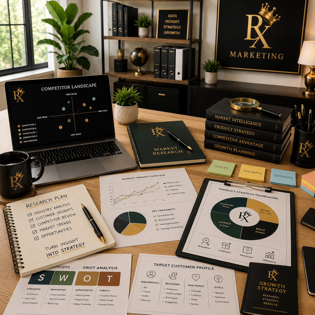 Business planning workspace with strategy documents, operational planning materials, research charts, and organized business documentation.