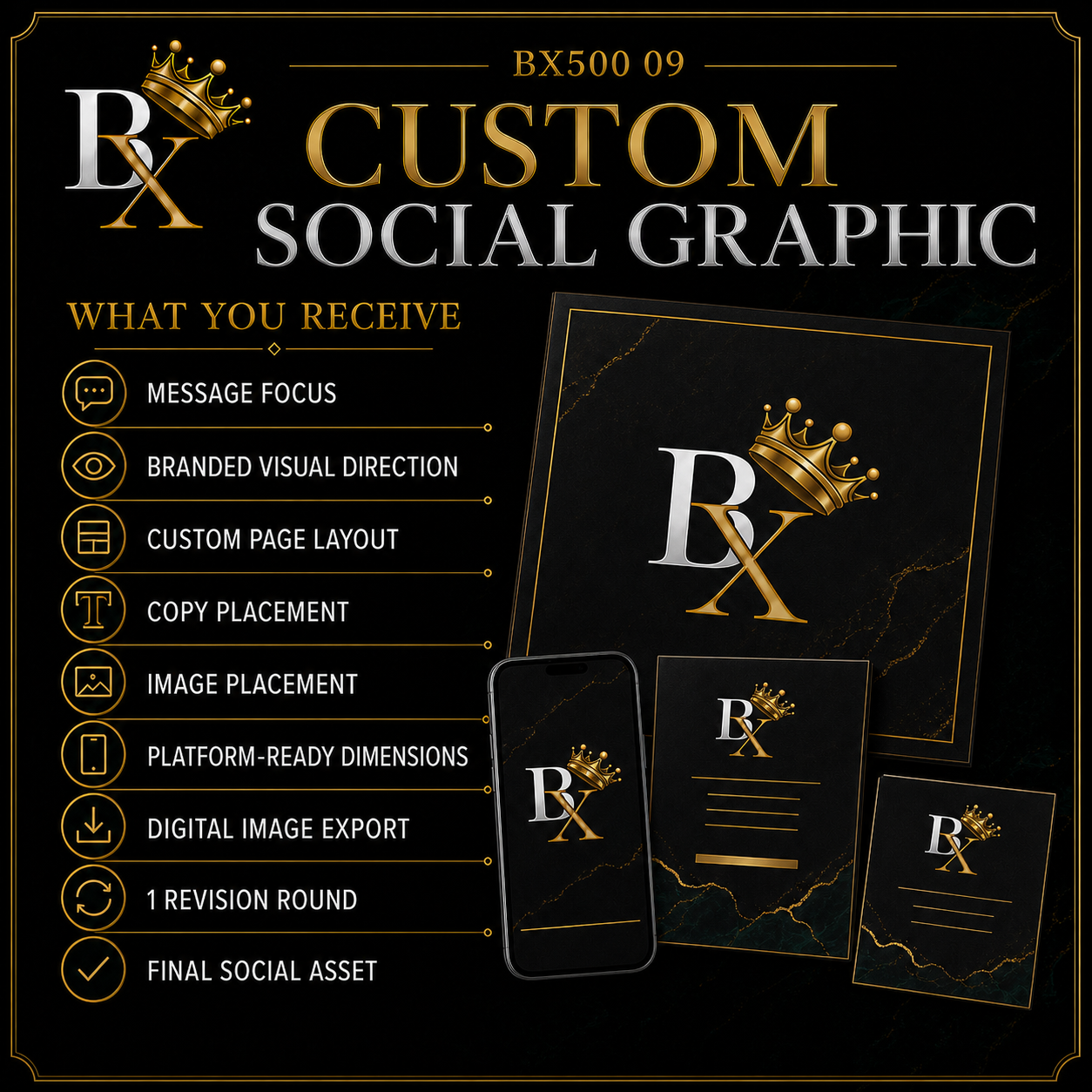 B.X. Marketing Custom Social Graphic service image featuring Brian Scott and one professionally branded social media design, starting at $150.