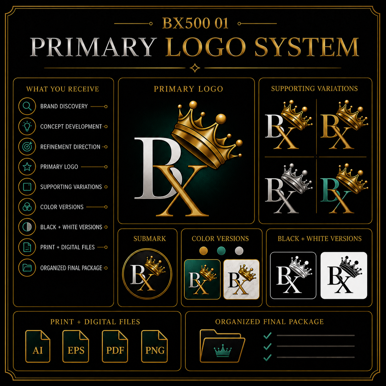 B.X. Marketing Primary Logo System service graphic featuring Brian Scott and a custom logo identity system, starting at $1,500.