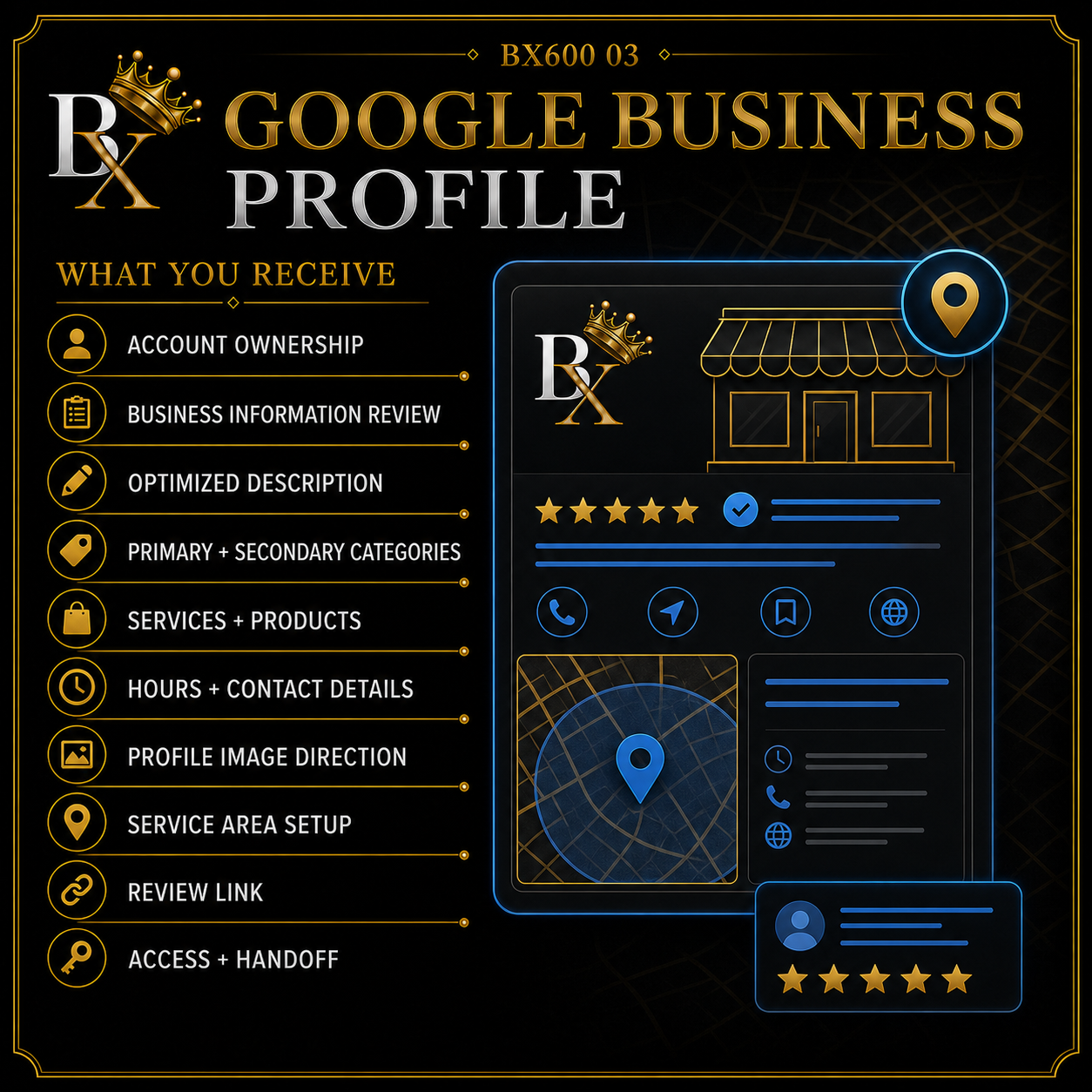 B.X. Marketing Google Business Profile service graphic featuring Brian Scott and a complete local business profile setup and optimization, starting at $500.