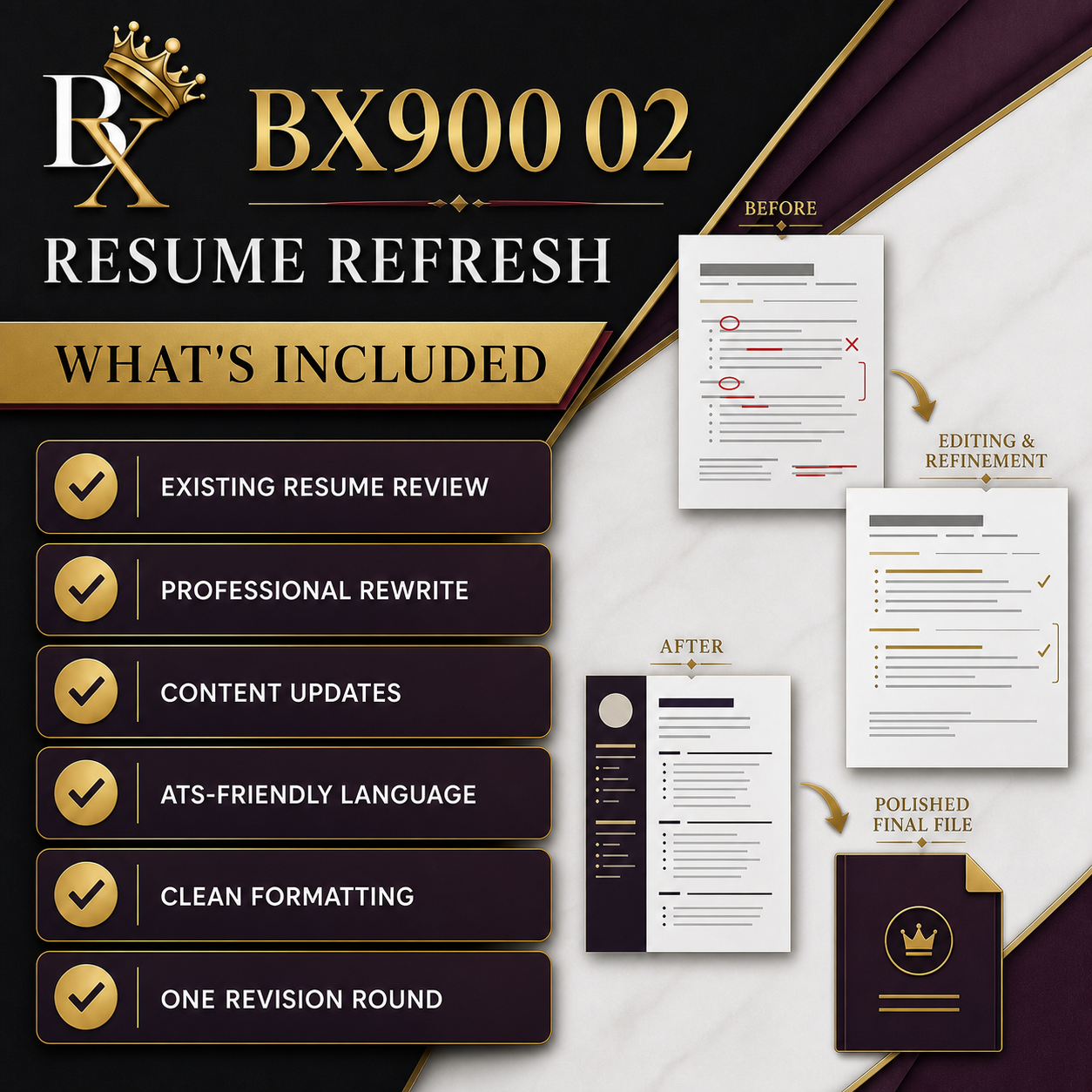 B.X. Marketing Resume Refresh service graphic for professional rewrite + content update, with pricing of $300–$450.