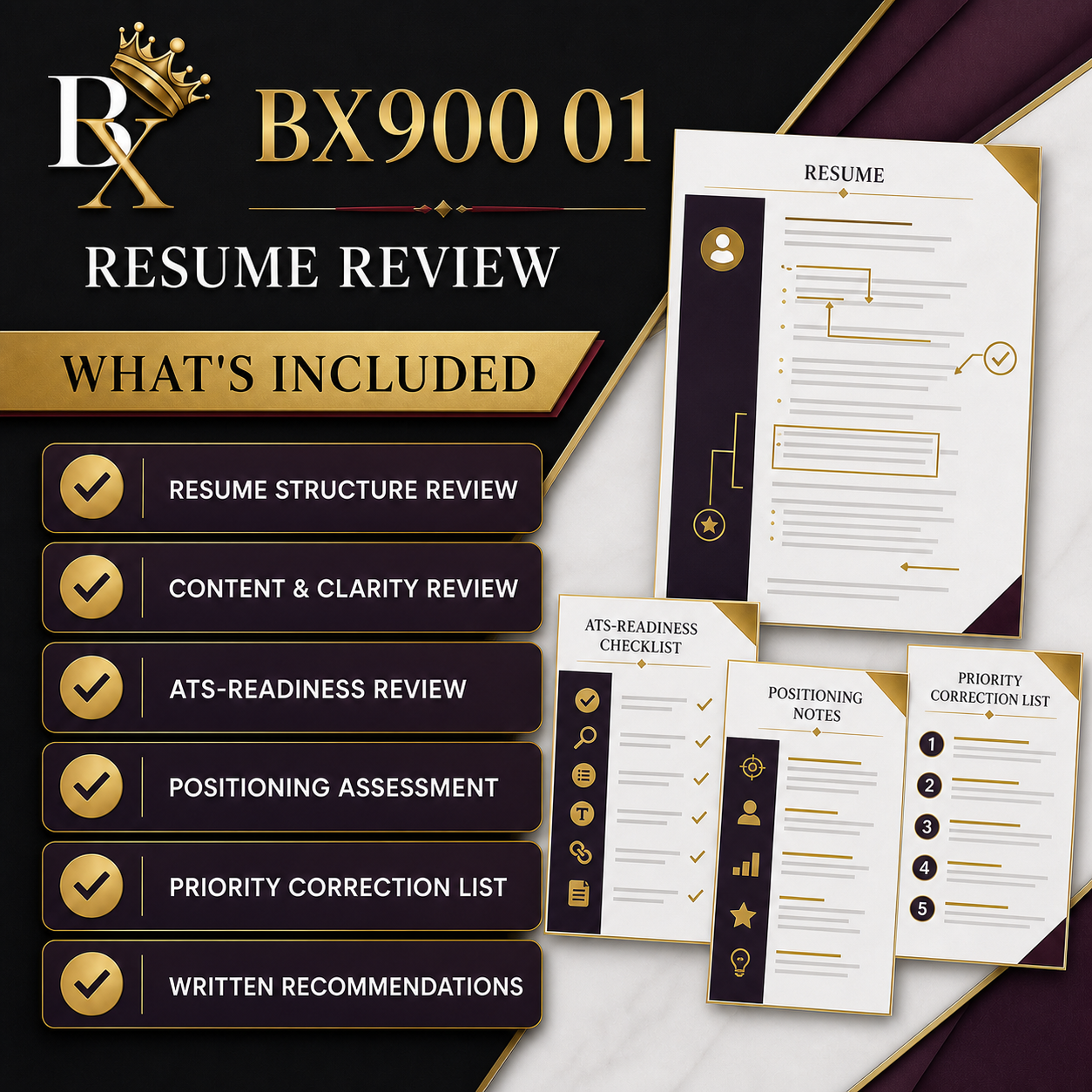 B.X. Marketing Resume Review service graphic for written review + priority recommendations, with pricing of $125.