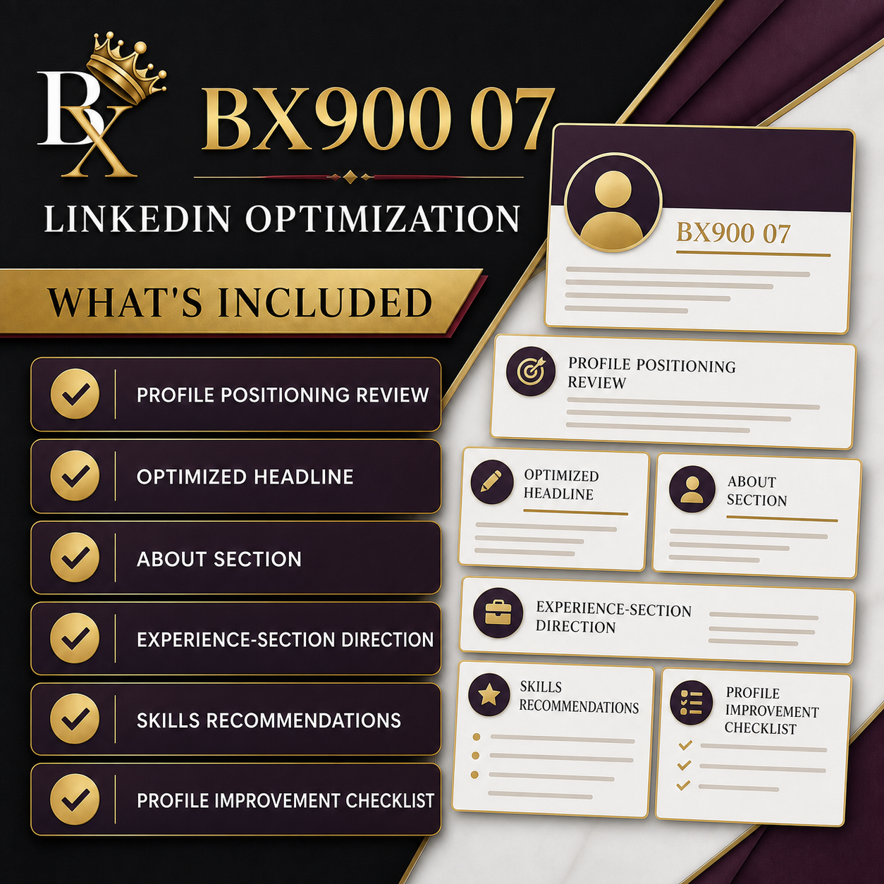 B.X. Marketing LinkedIn Optimization service graphic for headline, about, experience + profile direction, with pricing of $350–$600.