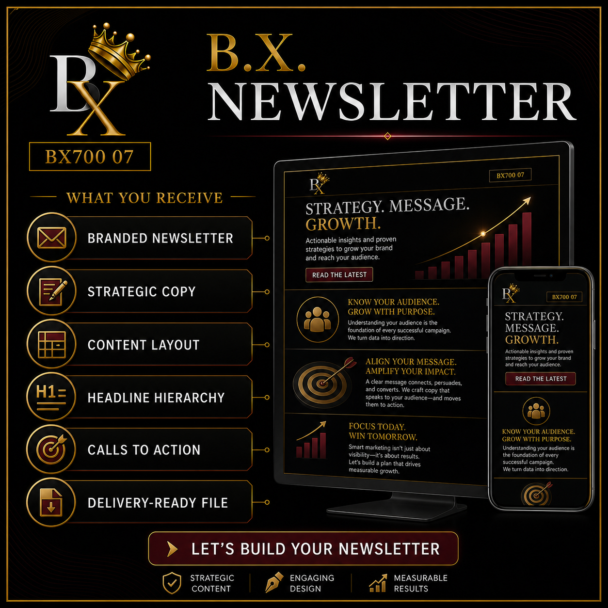 B.X. Marketing Newsletter deliverables including branded newsletter, strategic copy, content layout, headline hierarchy, calls to action, and delivery-ready file.