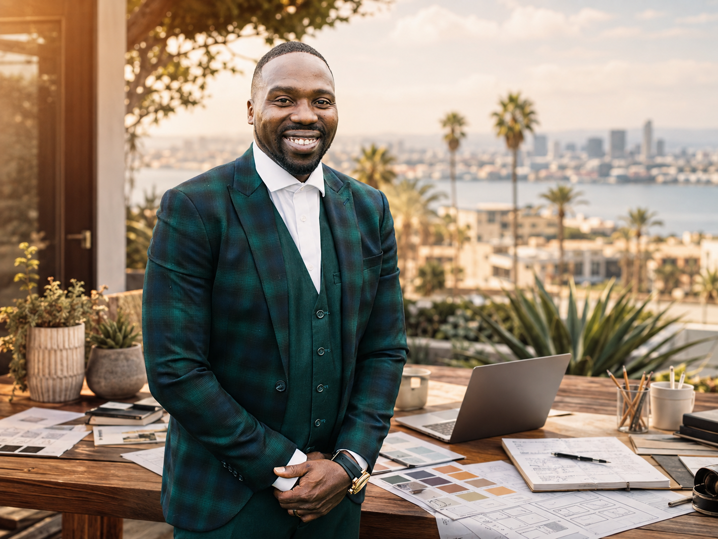 B.X. Marketing founder Brian Scott in San Diego with business and creative planning materials representing his transition into entrepreneurship, strategy, and design.