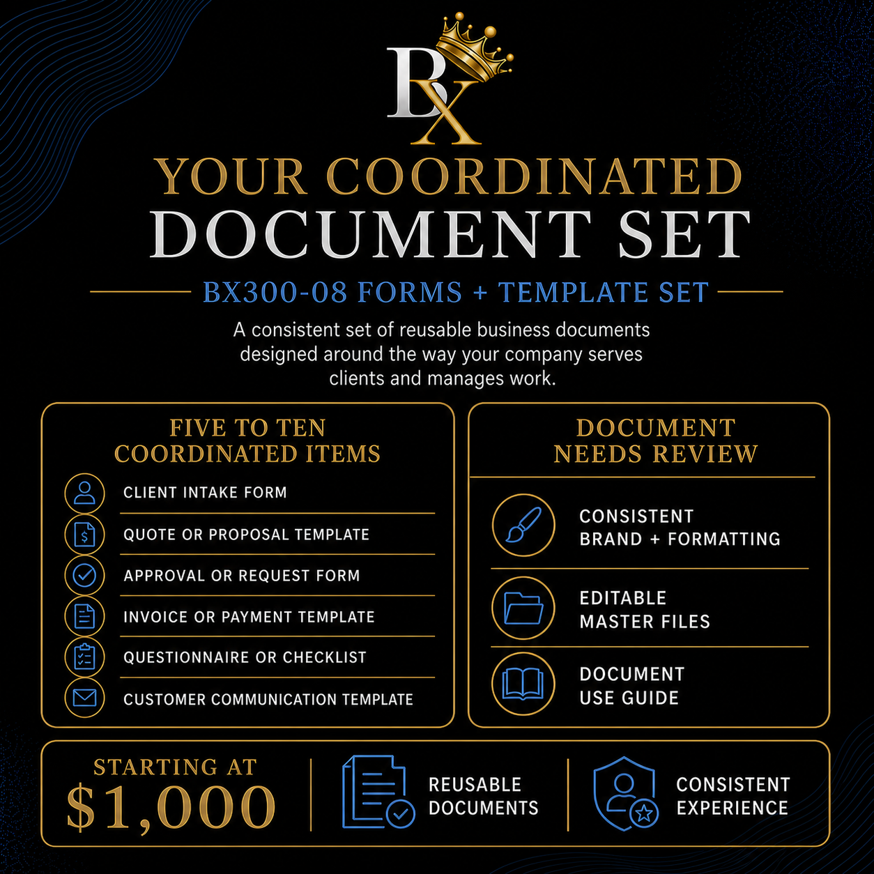 B.X. Marketing Forms and Template Set service featuring five to ten coordinated client forms and reusable business templates.
