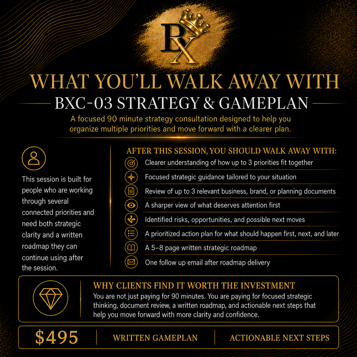B.X. Marketing Strategy and Gameplan outcomes including strategic guidance, document review, prioritized actions, identified opportunities, and a written strategic roadmap.