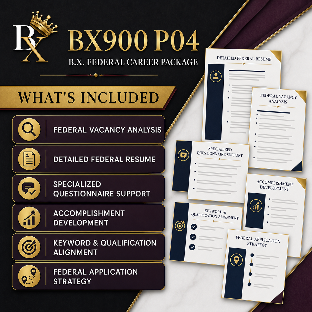 B.X. Federal Career Package service graphic for federal resume, vacancy analysis + application strategy, priced starting at $1,500.