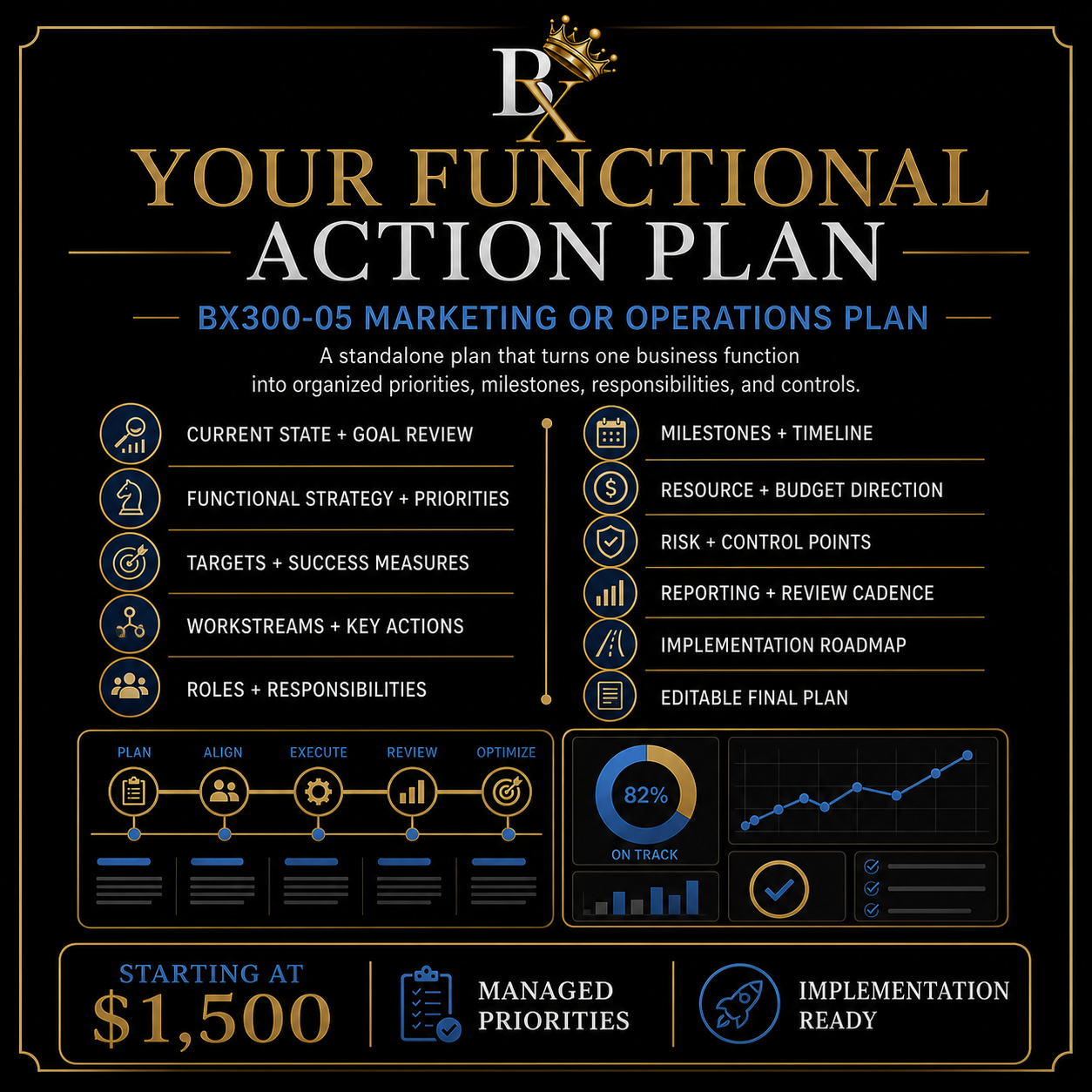B.X. Marketing Marketing or Operations Plan service featuring functional strategy, milestones, responsibilities, controls, and implementation direction.
