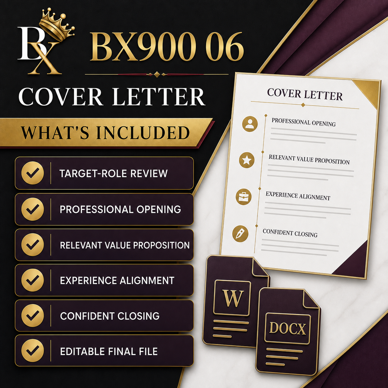 B.X. Marketing Cover Letter service graphic for reusable or target-specific professional letter, with pricing of $200–$350.