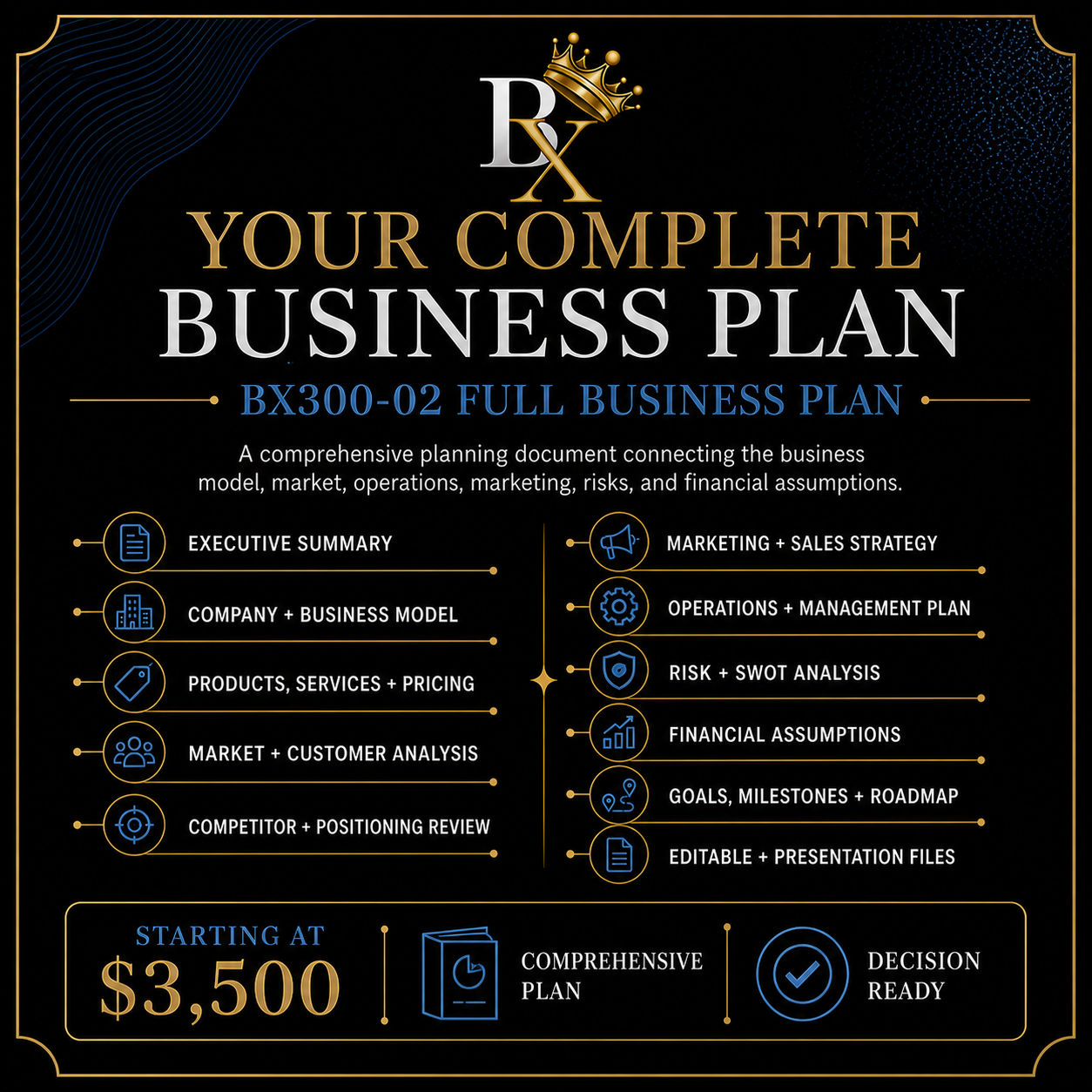 B.X. Marketing Full Business Plan service featuring comprehensive market, operations, marketing, risk, and financial assumption sections.