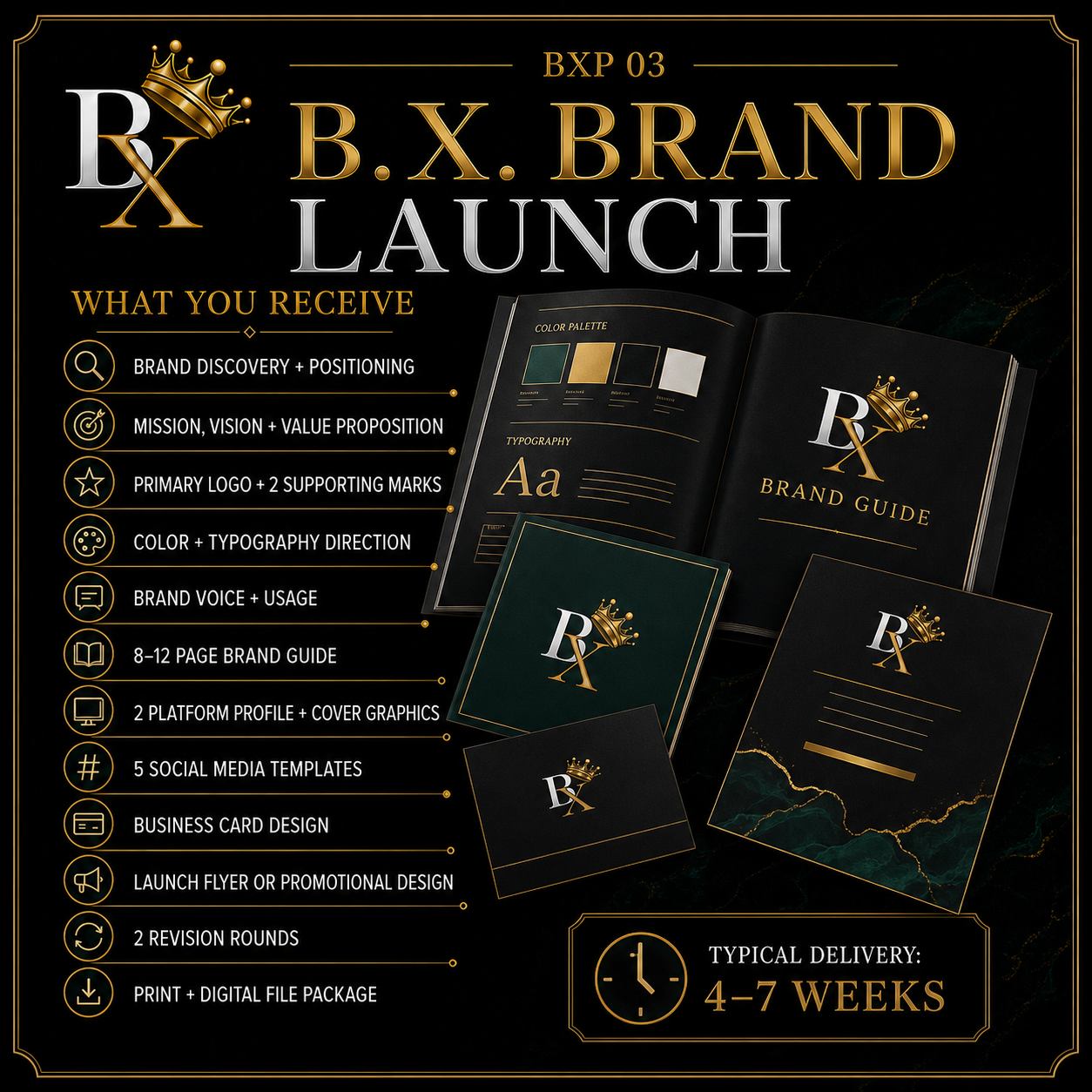 B.X. Marketing B.X. Brand Launch service graphic featuring Brian Scott and a comprehensive brand identity and launch system, starting at $3,750.