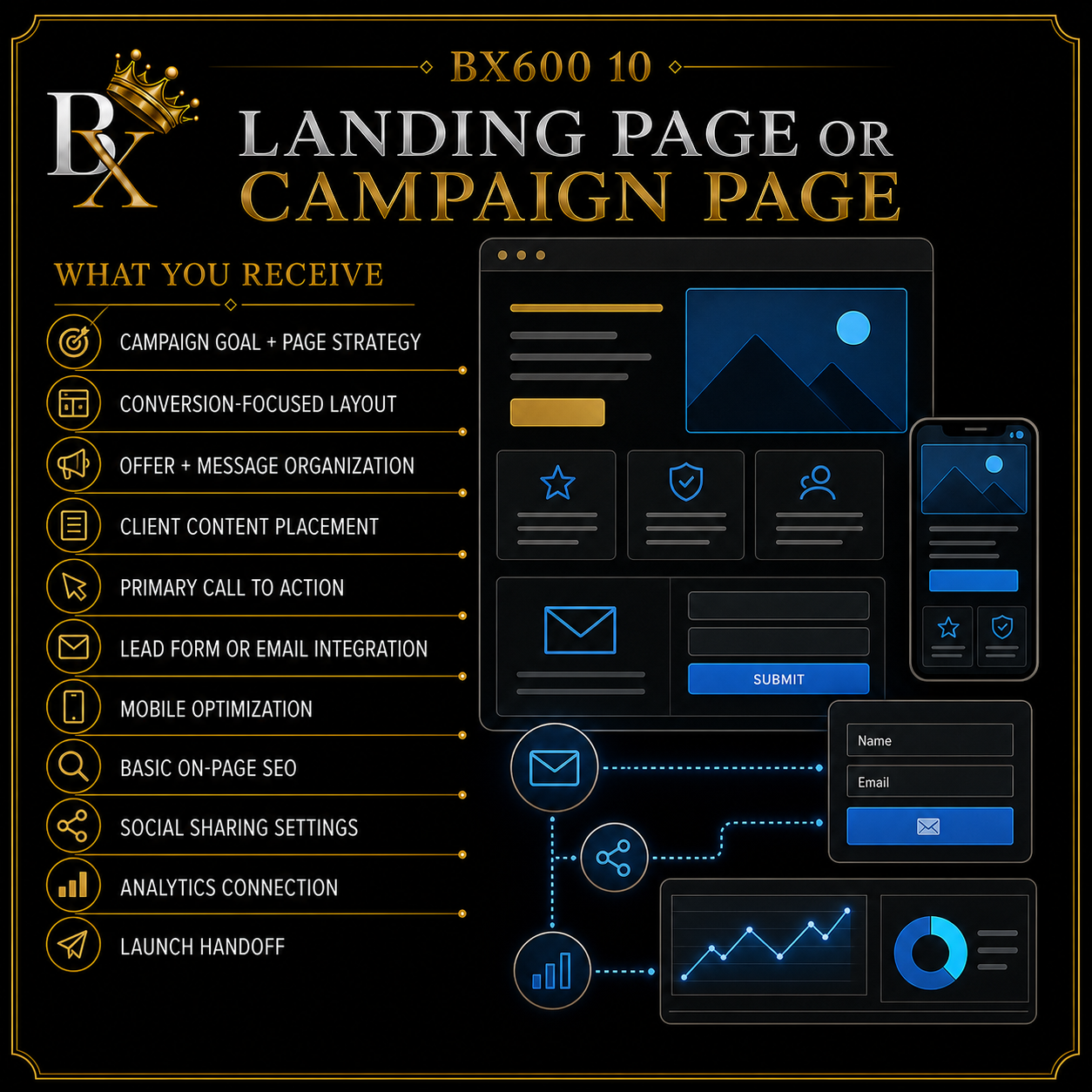 B.X. Marketing Landing Page or Campaign Page service graphic featuring Brian Scott and a conversion-focused page with lead capture and analytics, starting at $1,500.