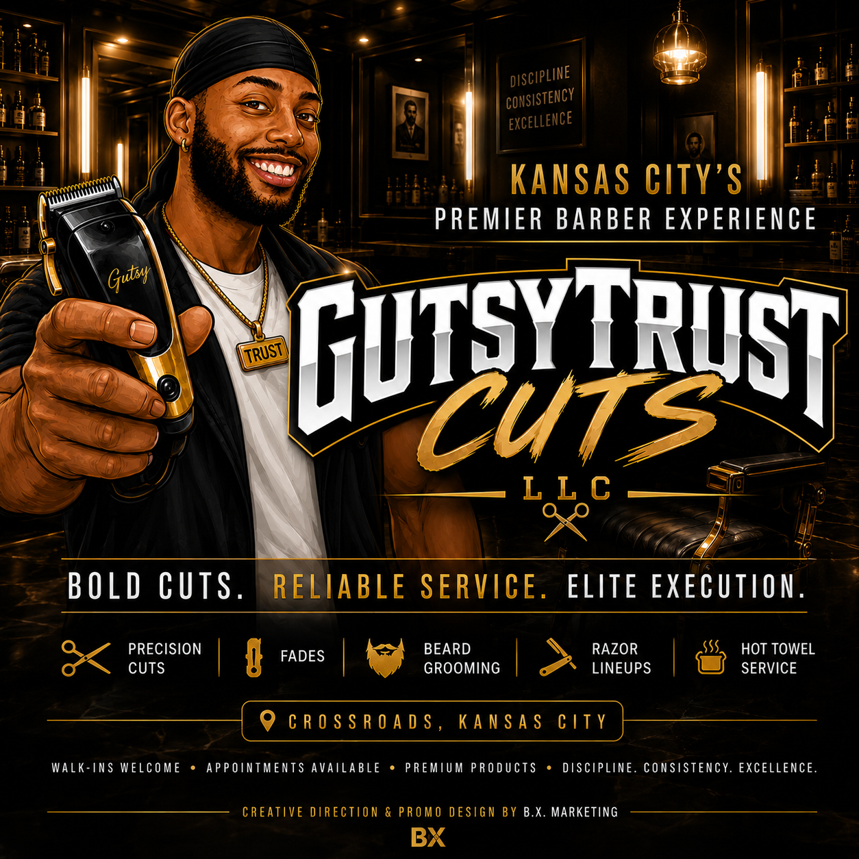 B.X. Marketing branding and promotional graphic for GutsyTrust Cuts, a Kansas City barber business, featuring black-and-gold visual identity and barber service positioning.