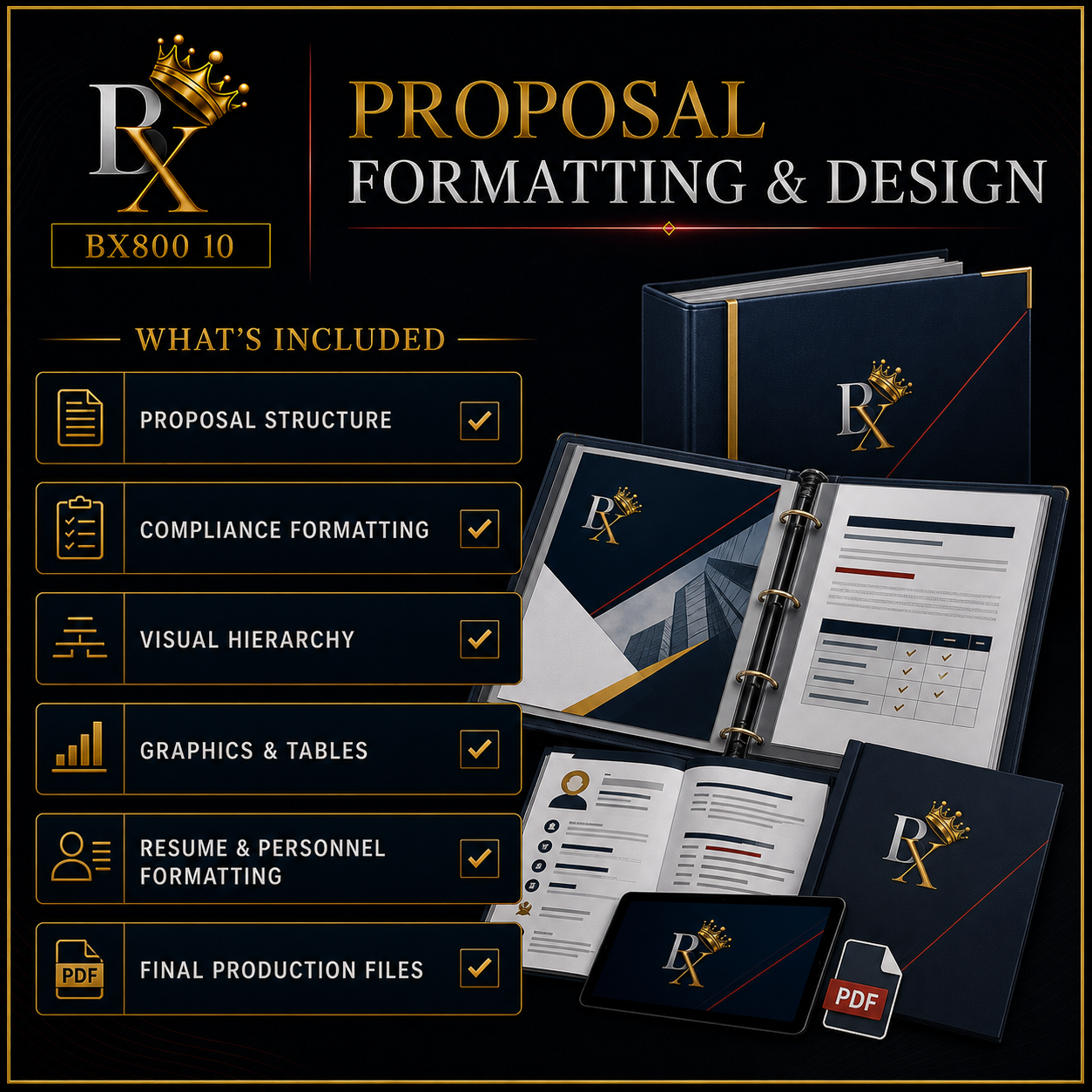 B.X. Marketing Proposal Formatting & Design service graphic featuring proposal structure, compliance formatting, visual hierarchy, graphics, personnel pages, and final production files