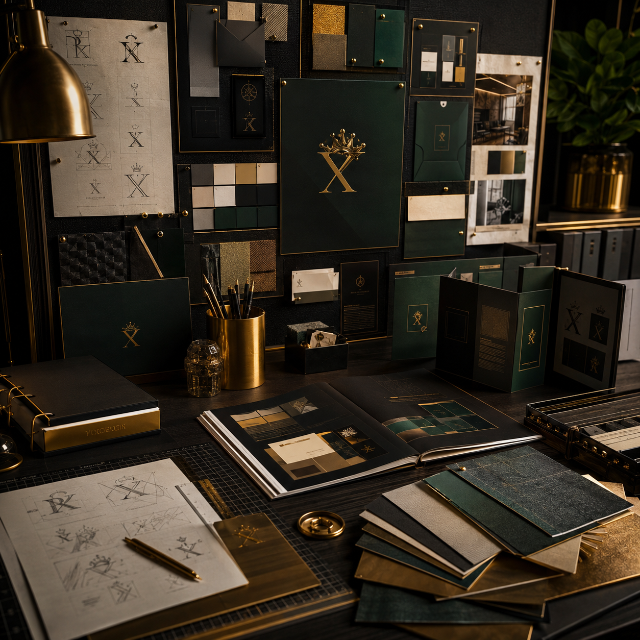 Brand strategy and visual identity workspace displaying logo concepts, brand materials, color systems, typography, and creative design assets.