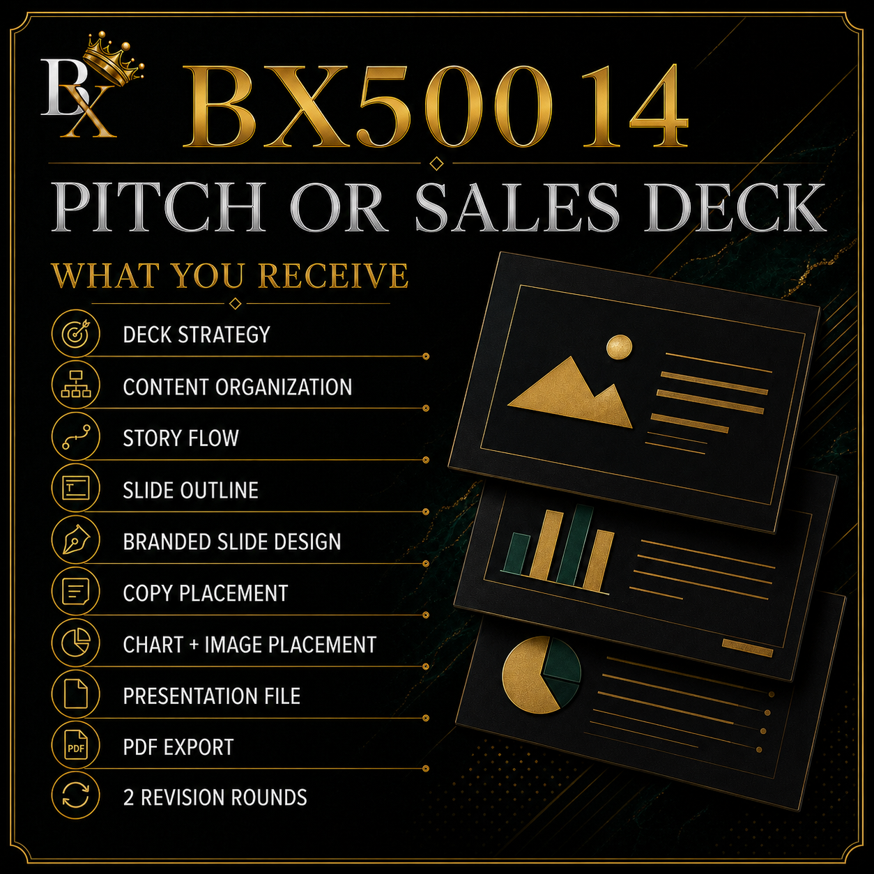 B.X. Marketing Pitch or Sales Deck service graphic featuring Brian Scott and a strategically organized, professionally designed presentation, starting at $1,500.