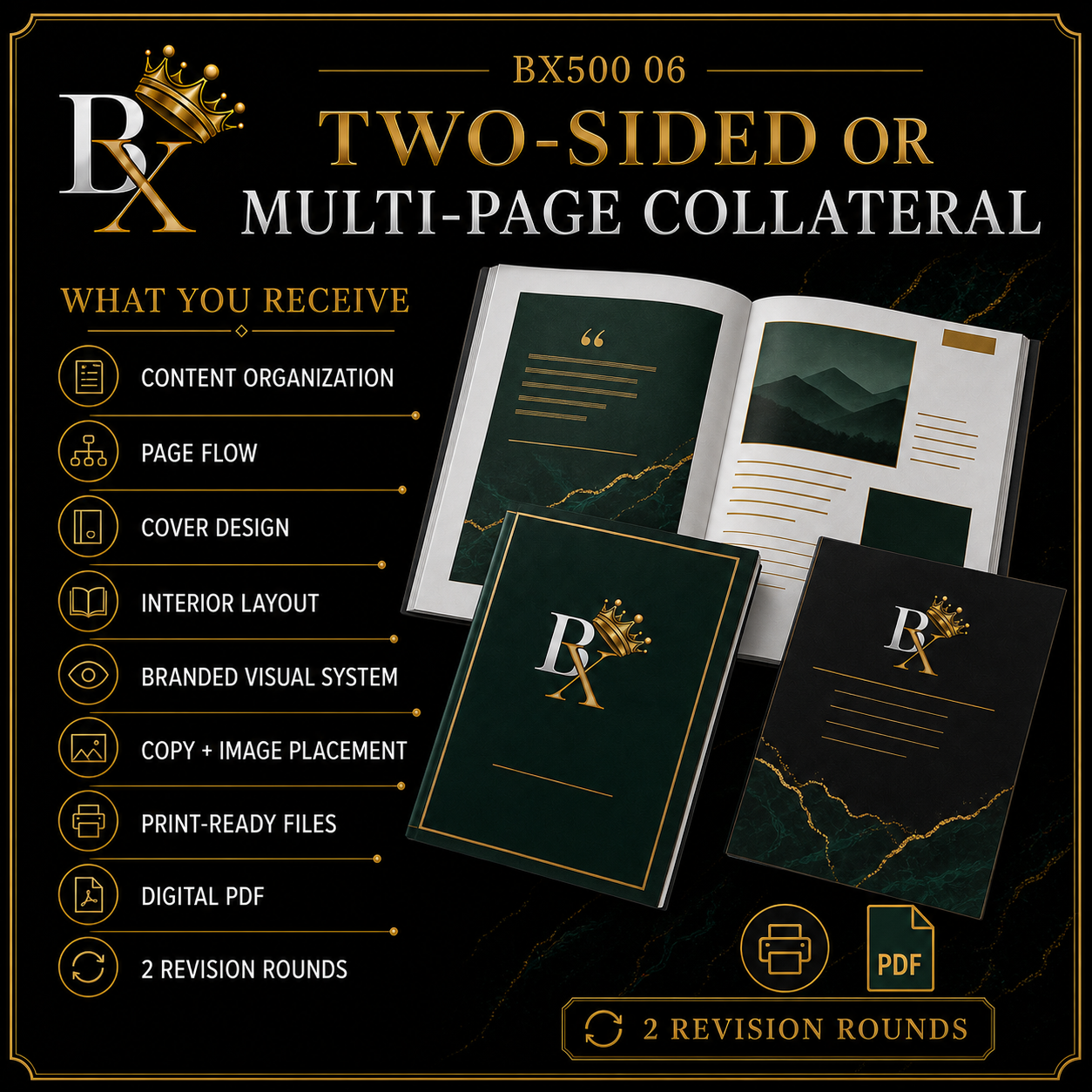 B.X. Marketing Two-Sided or Multi-Page Collateral service graphic featuring Brian Scott and professionally designed brochures or marketing materials, starting at $650.