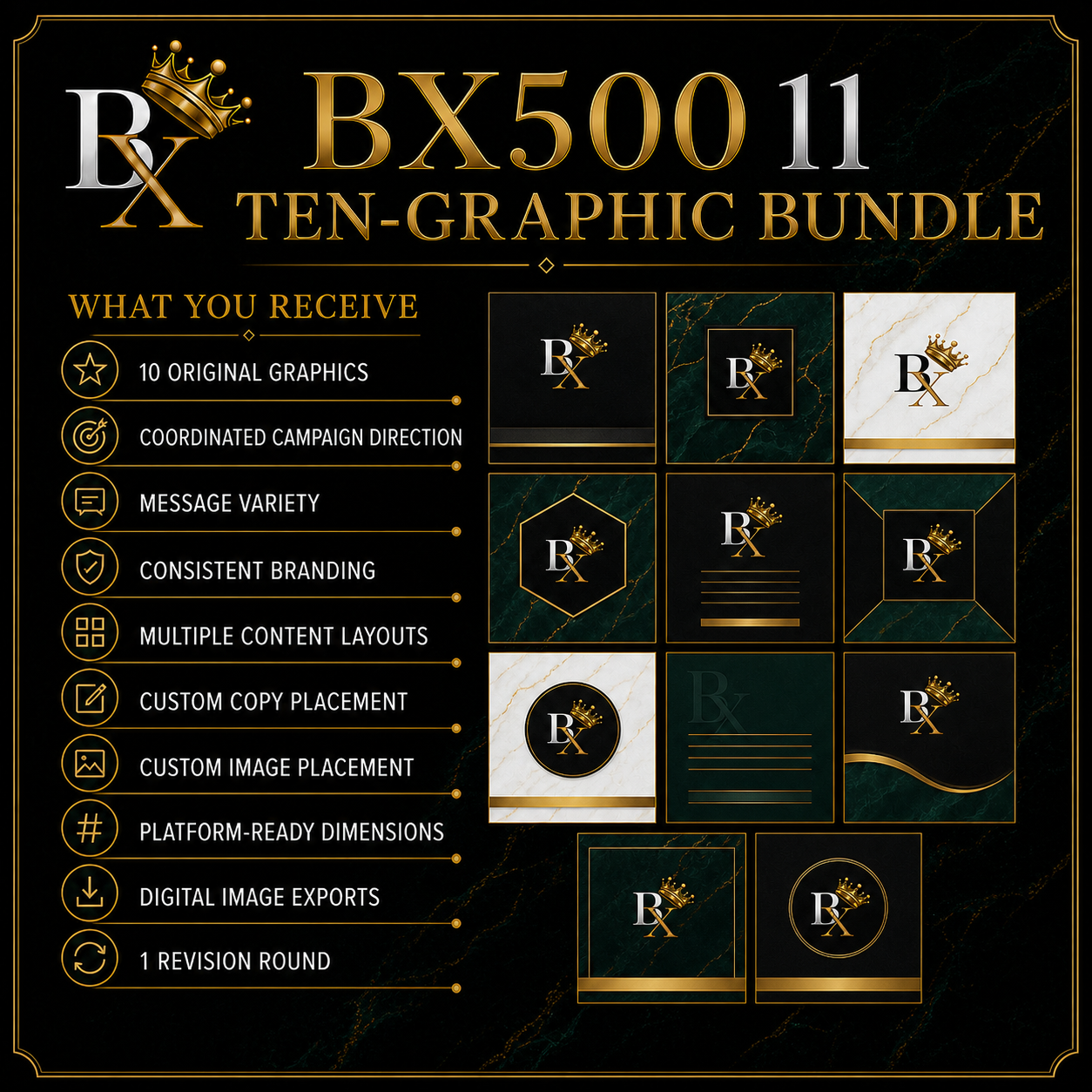 B.X. Marketing Ten-Graphic Bundle service graphic featuring Brian Scott and ten coordinated custom social media designs, starting at $1,100.