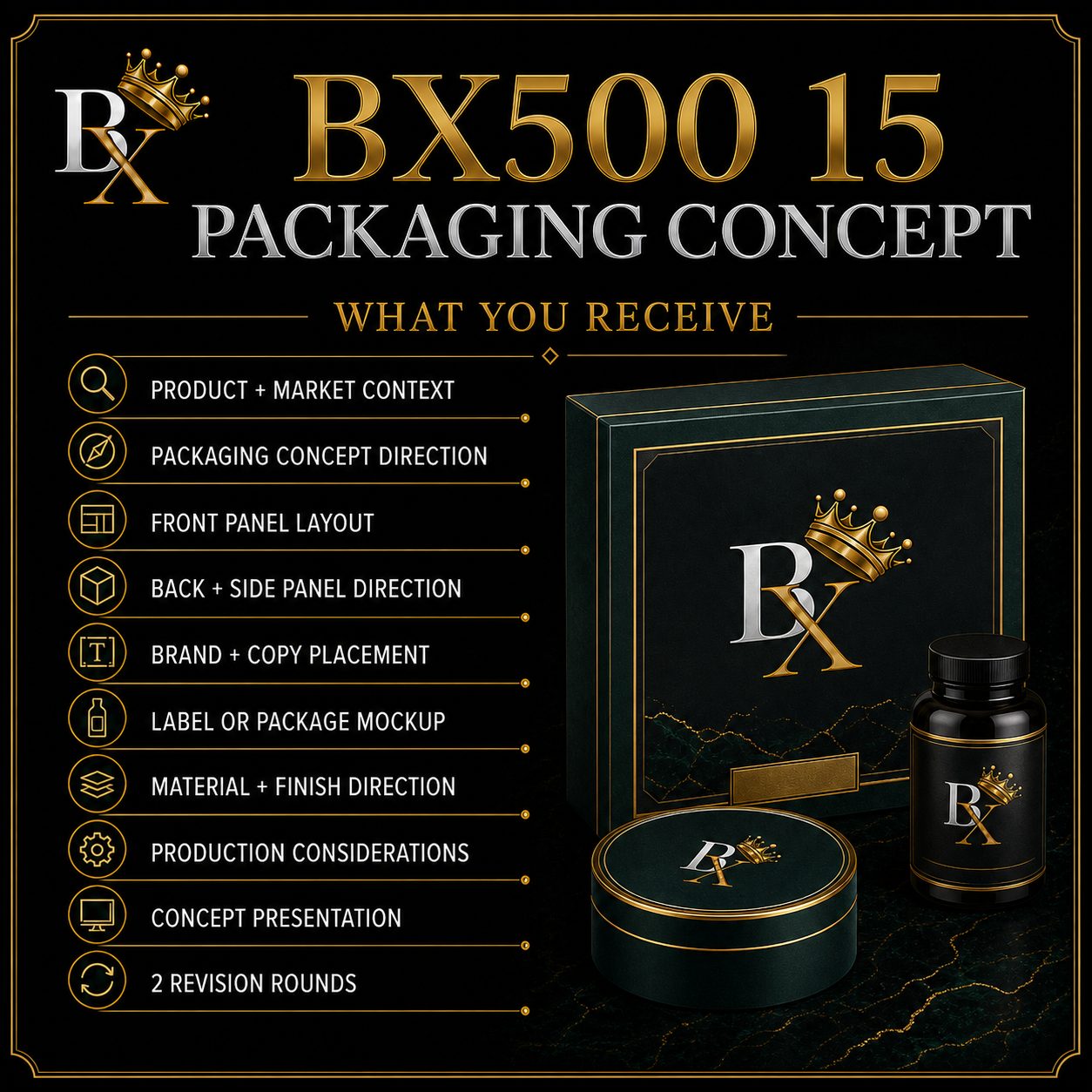 B.X. Marketing Packaging Concept service graphic featuring Brian Scott and premium package layout, mockup, and production direction, starting at $1,500.