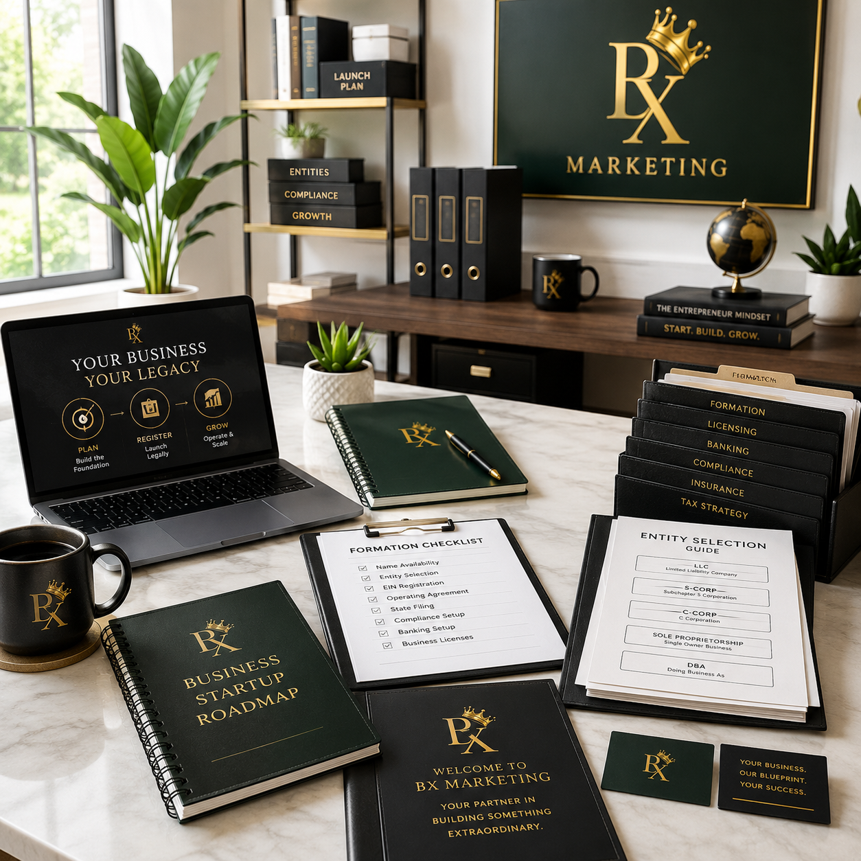 Business formation and startup launch workspace with entity selection, formation checklist, licensing, banking, compliance, and launch planning materials.