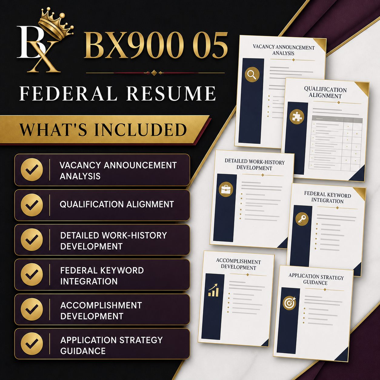 B.X. Marketing Federal Resume service graphic for vacancy analysis, detailed content + application strategy, with pricing of $1,000–$1,800.