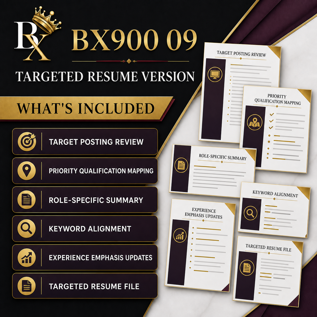 B.X. Marketing Targeted Resume Version service graphic for role-specific version from your approved master, with pricing of $175–$300.