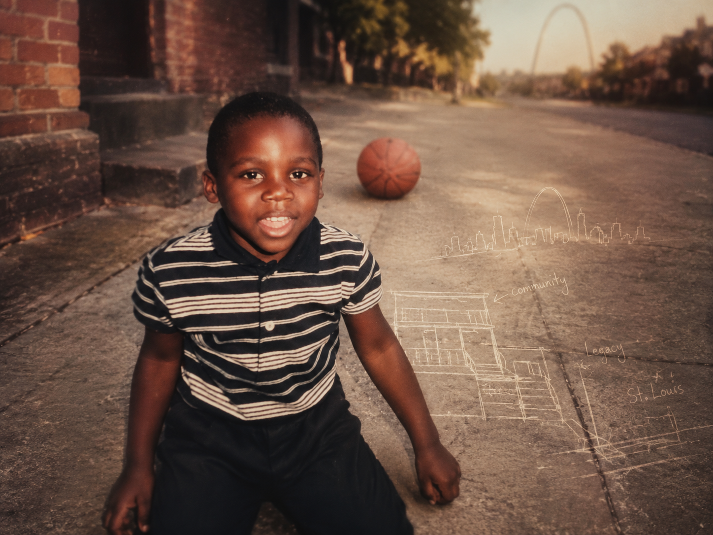 Young Brian Scott in St. Laouis wearing a striped polo, with a basketball nearby and hand-drawn neighborhood sketches symbolizing his early creativity.