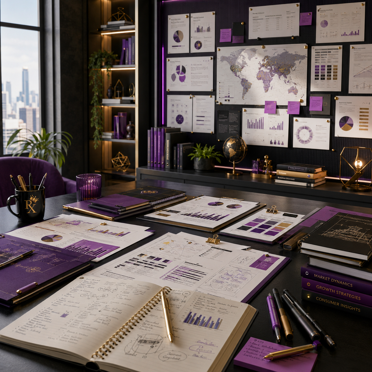 Market research and product strategy workspace with competitive analysis, customer insights, research documents, charts, and growth planning materials.