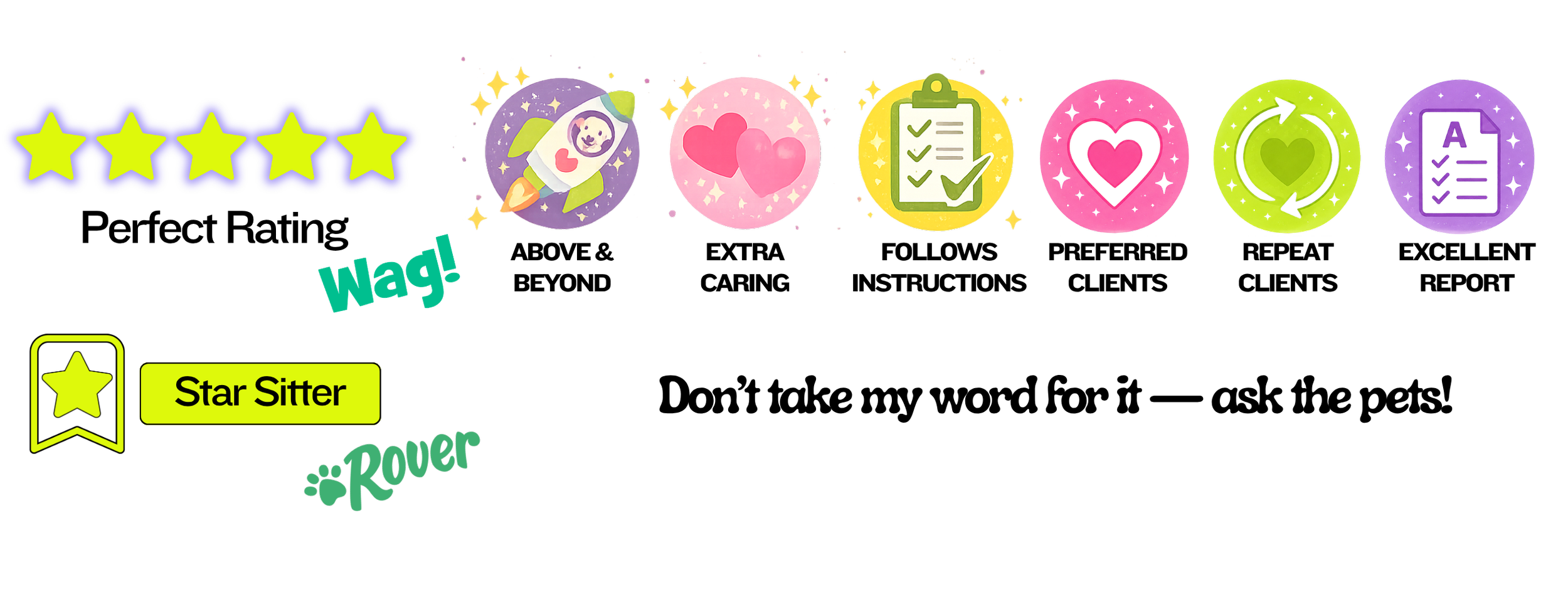 Colorful graphic celebrating a five-star rating, featuring icons of a rocket, hearts, a checklist, and a clipboard, with the words "Wag!" and labels "Star Sitter" and "Rover."