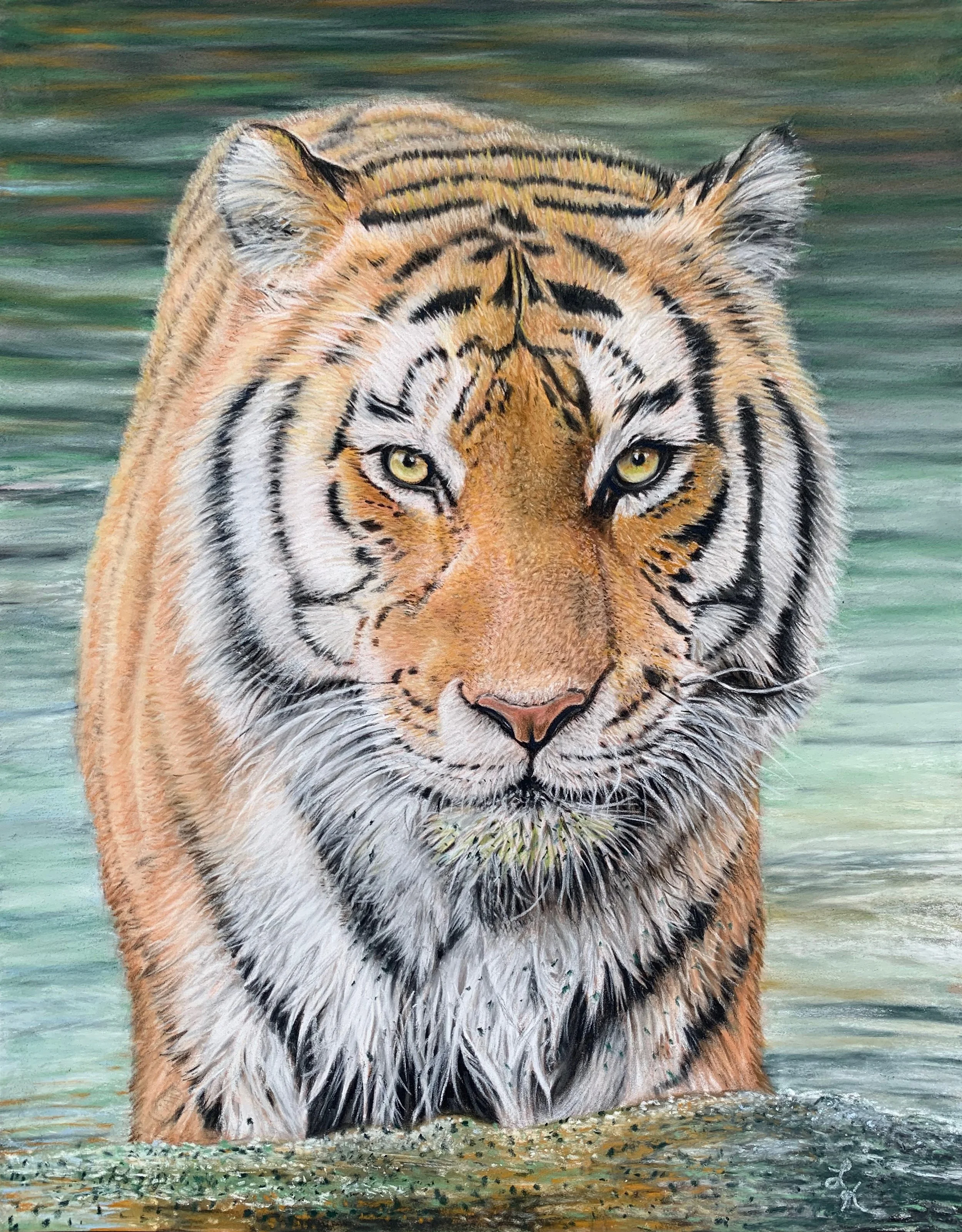 Painting of a tiger walking through water, with a detailed focus on its face and fur, against a backdrop of a water scene.
