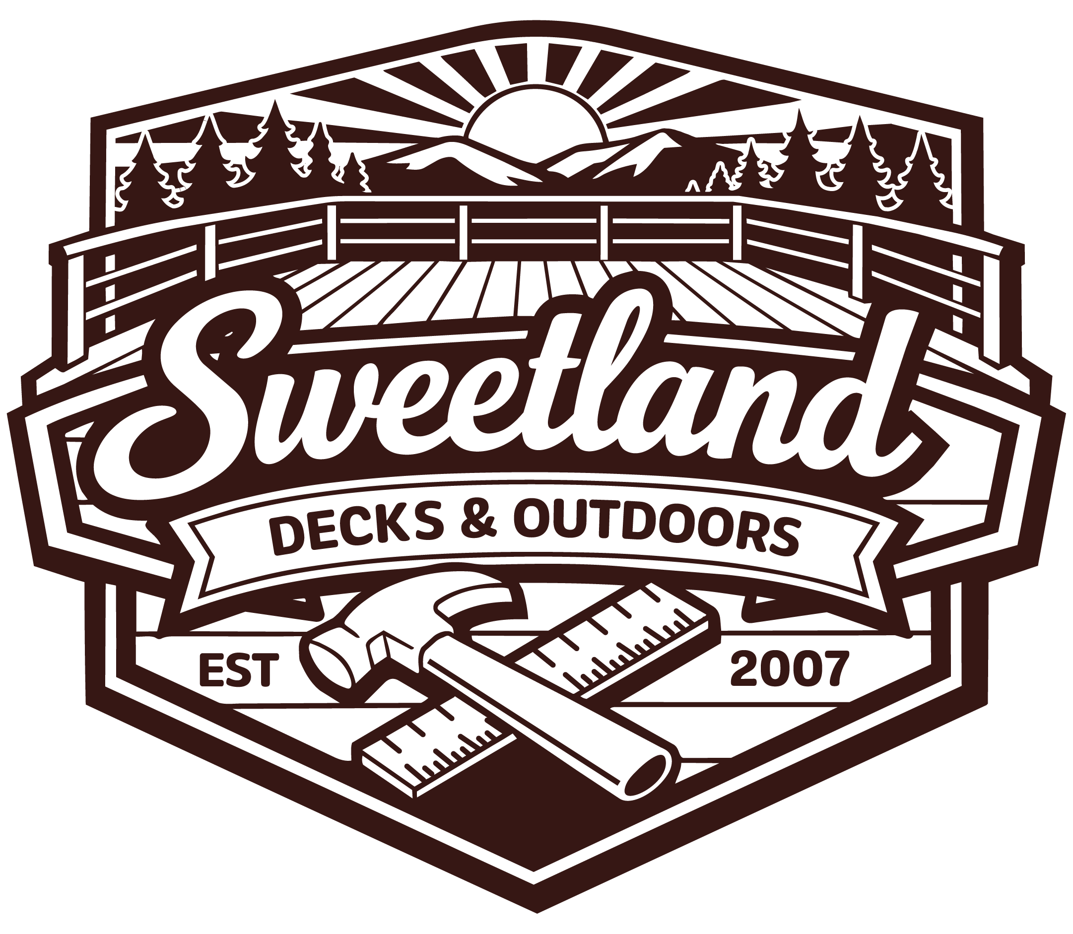 Dark brown logo of Sweetland Decks & Outdoors with mountains, trees, and a rising or setting sun in the background, and a stylized image of a deck or outdoor structure.