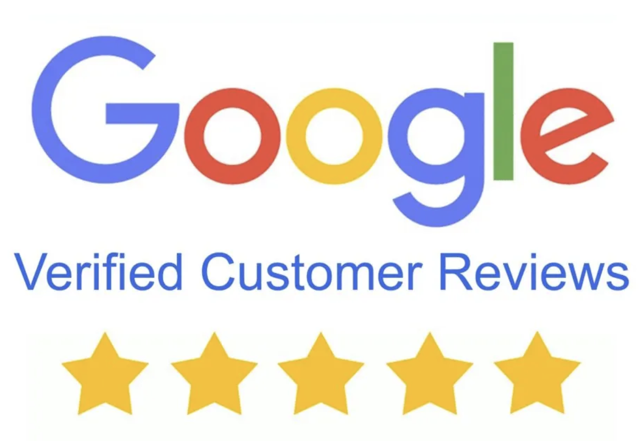 Google logo with the words "Verified Customer Reviews" and five yellow stars below.