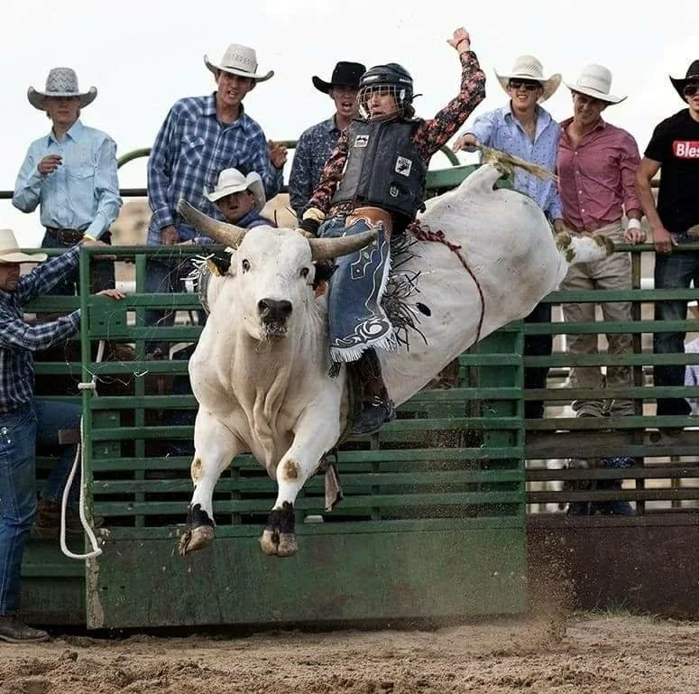 A person riding a bucking bull at a rodeo, with spectators in cowboy hats cheering.