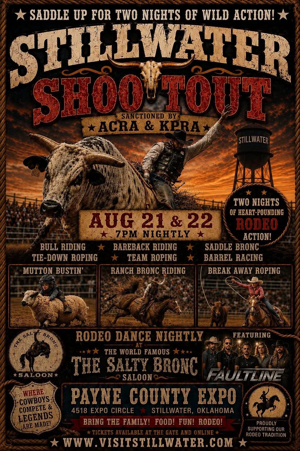 Wild west rodeo event poster featuring bull riding, bareback riding, saddle bronc, tie-down roping, team roping, mutton bustin', ranch bronc riding, breakaway roping, and rodeo dance at The Salty Bronc Saloon in Stillwater, Oklahoma on August 21-22 at 7 PM. Includes images of rodeo scenes and a band named Faultline.