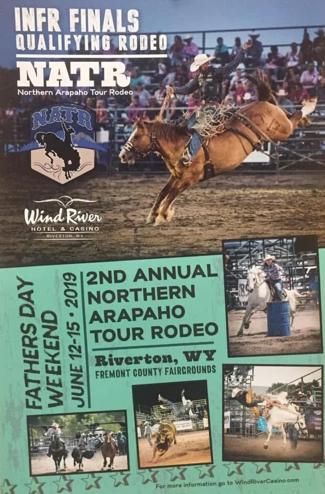 Poster for the 2nd Annual Northern Arapaho Tour Rodeo at Fremont County Fairgrounds in Riverton, Wyoming, held from June 12 to June 15, 2019, featuring images of rodeo activities including a rider on a bucking bronco and a rider on a white horse.