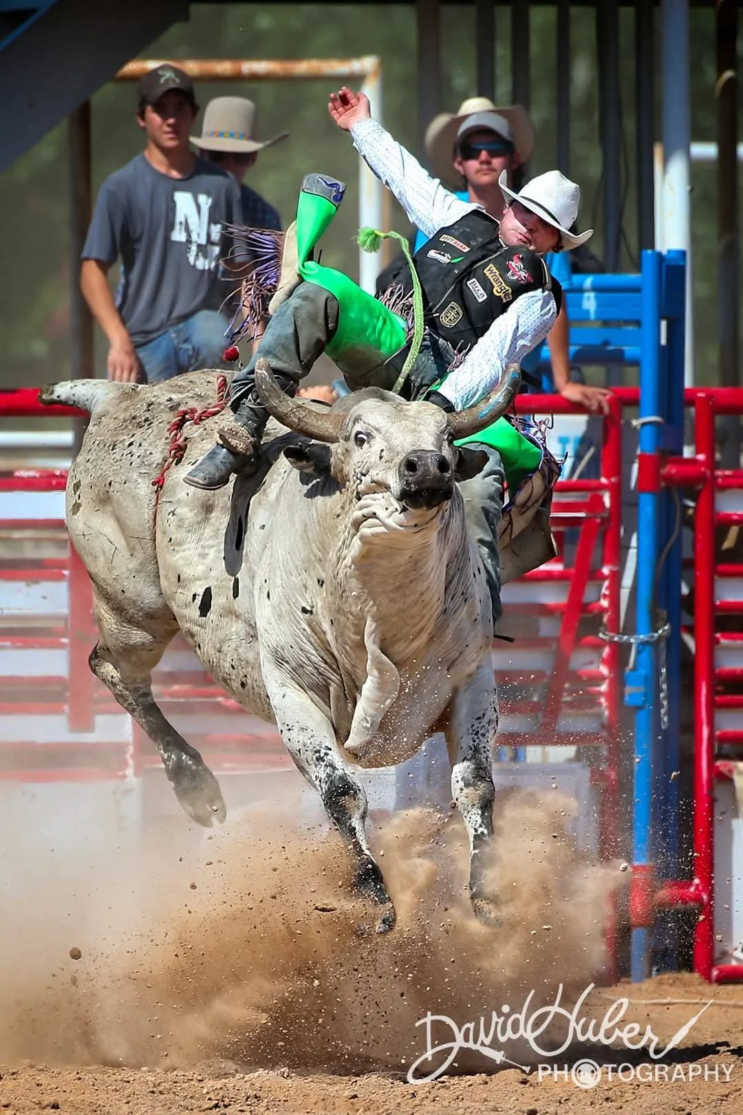 A cowboy riding a bucking bull during a rodeo event.
