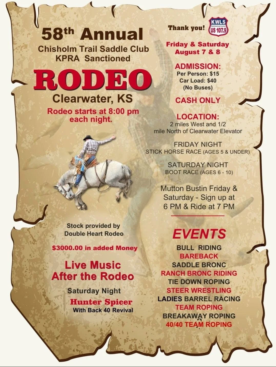 Event flyer for the 58th Annual Chisholm Trail Saddle Club Rodeo in Clearwater, Kansas, featuring rodeo dates, activities, and event details, with an illustration of a cowboy riding a bucking horse.