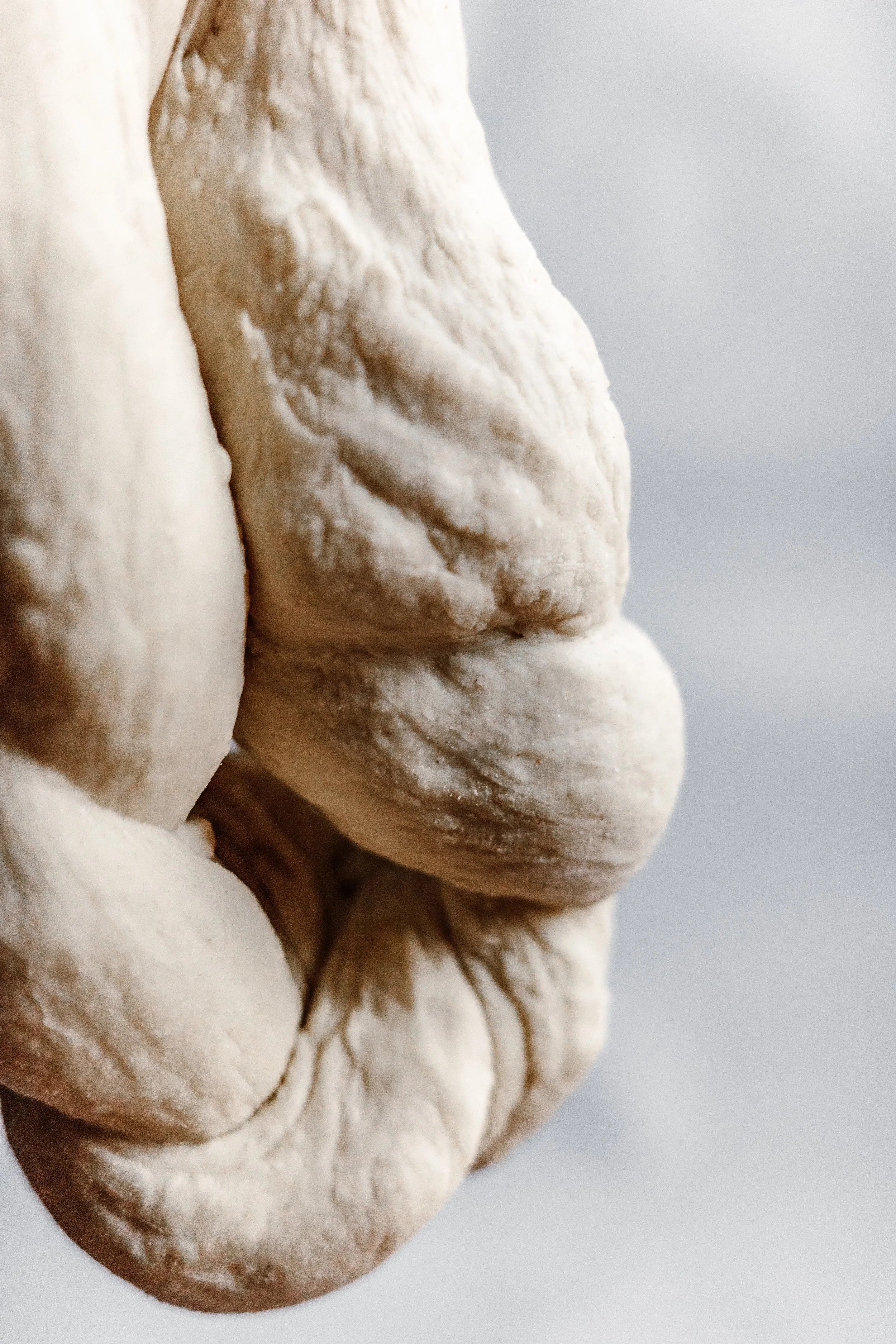 Close-up of a person's hand covered in white powder, with fingers curled inward, against a plain background.