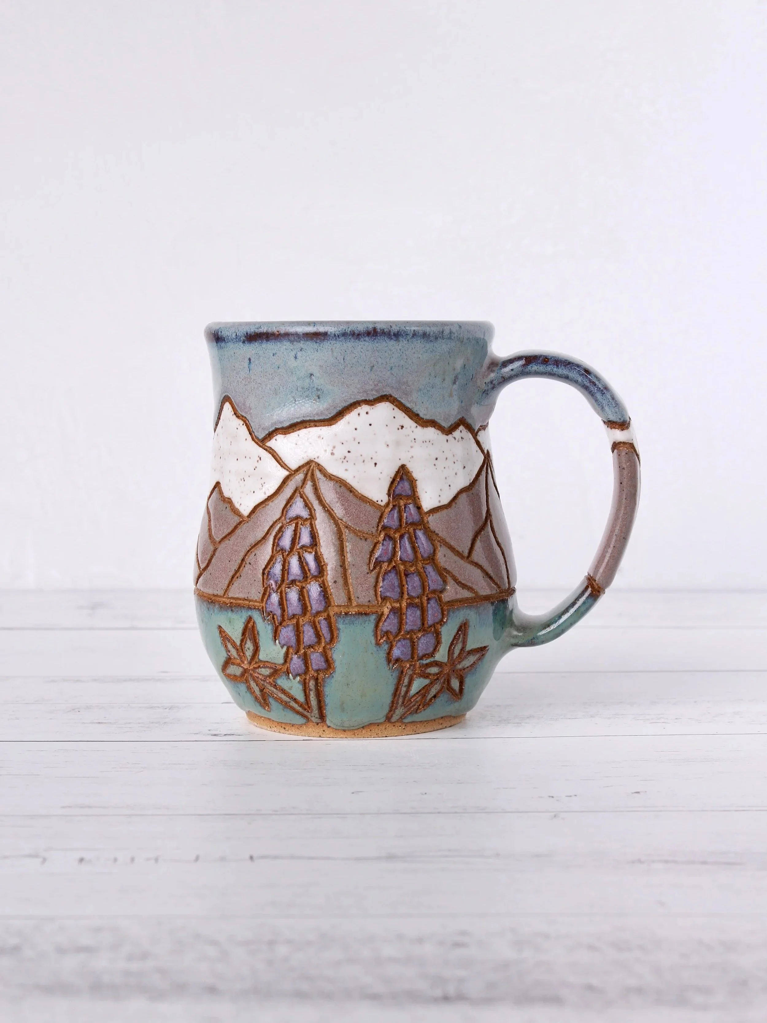 Colorado Lupine Landscape Mug — Hand-Carved Stoneware