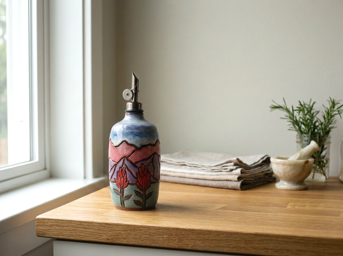 Decorative ceramic oil dispenser with mountain and plant design on a wooden table near a window.
